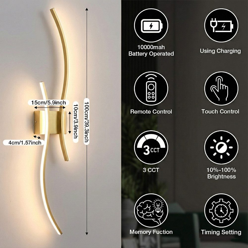Rosnek Wandleuchte Kabellose LED Wandleuchte, wiederaufladbar, dimmbar mit Fernbedienung, LED fest integriert, 3000–6000K stufenlos, Touch-Steuerung, für Wohnzi – Bild 2 von 5