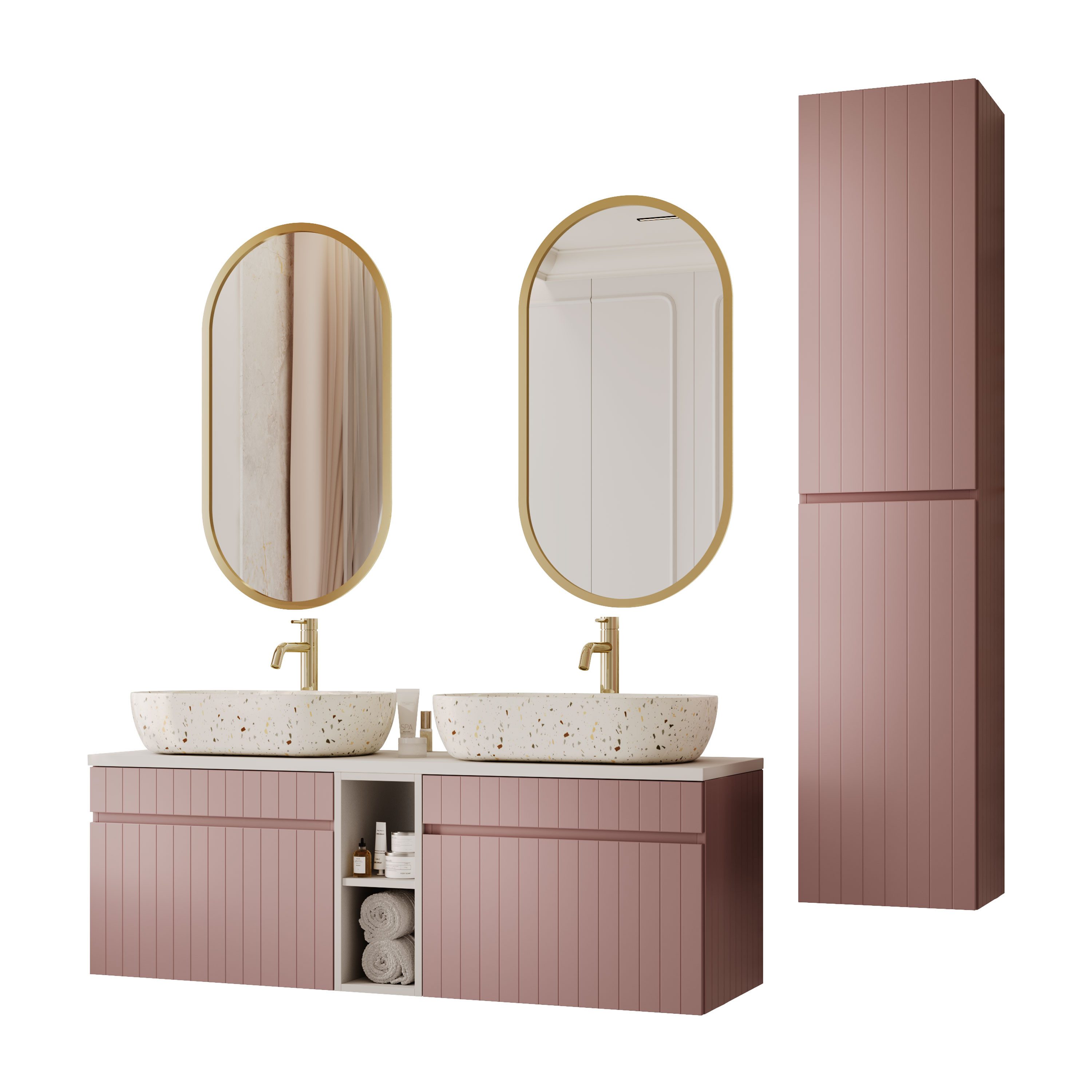 Lookway Badmöbel-Set FLORIS II Badezimmer-Set mit Terrazzo Waschbecken und Hochschrank