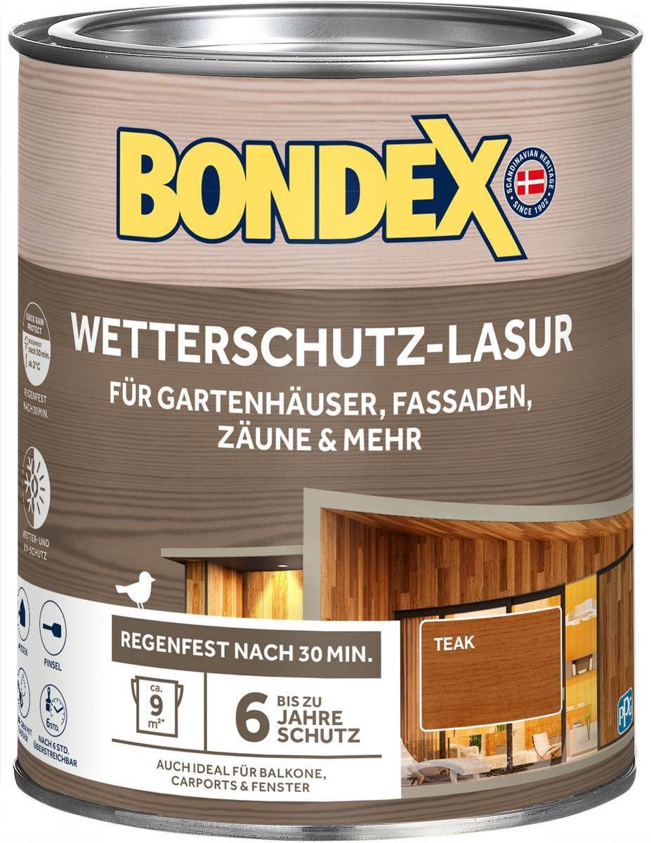 Bondex Holzschutzlasur Wetterschutz-Lasur 0,75 L in Teak, seidenmatter UV-Schutz, wasserbasie