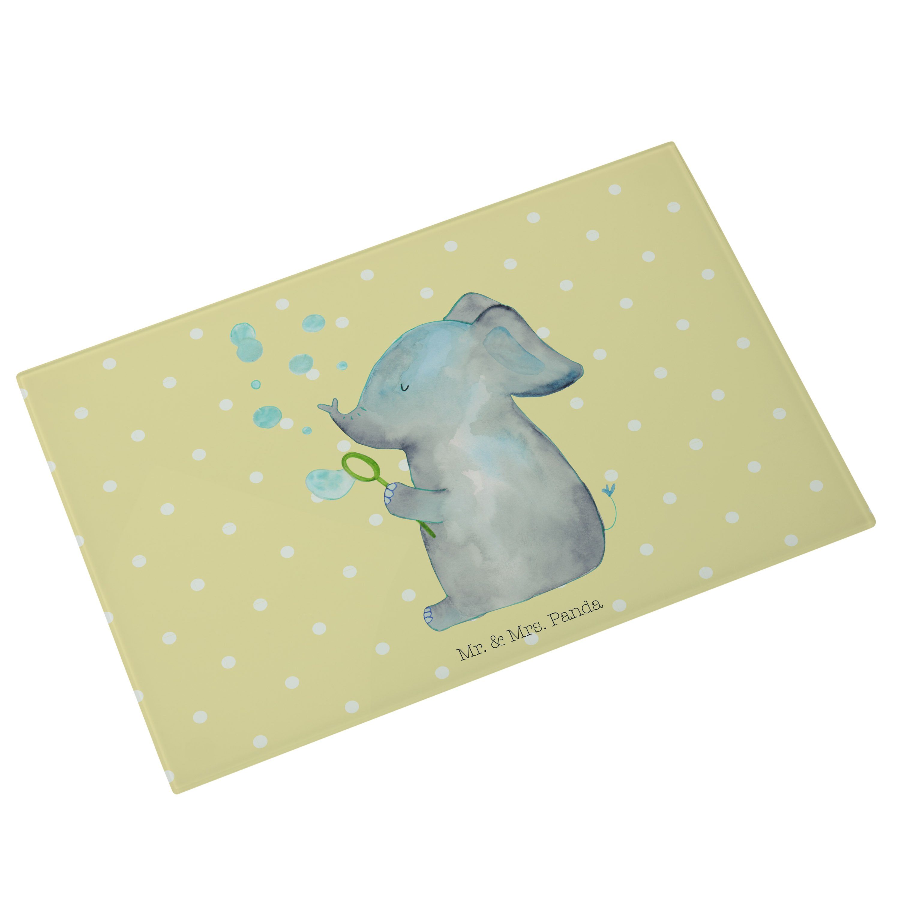 Mr. & Mrs. Panda Servierbrett Elefant Seifenblasen - Gelb Pastell - Geschenk, Tiermotive, Gefühl. D, Premium Glas, (1-St) | Servierbretter
