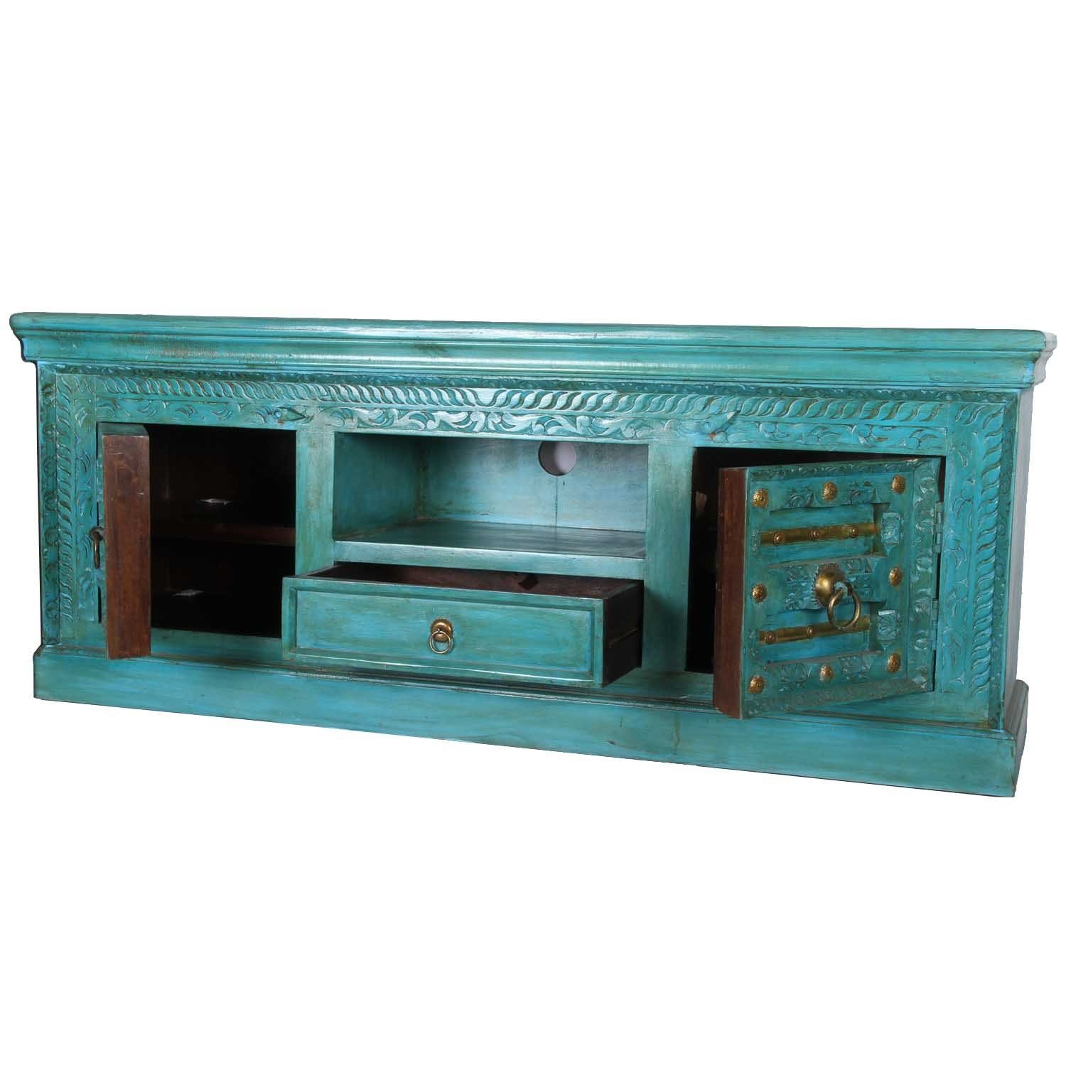 Casa Moro TV-Board Orientalische Fernsehkommode Harim türkis aus Massivholz 150x40x61 cm (Kunsthandwerk, Designer TV-Schrank, TV Lowboard mit Metallapplikationen beschmückt, CATV170), Kunsthandwerk, Designer TV-Schrank
