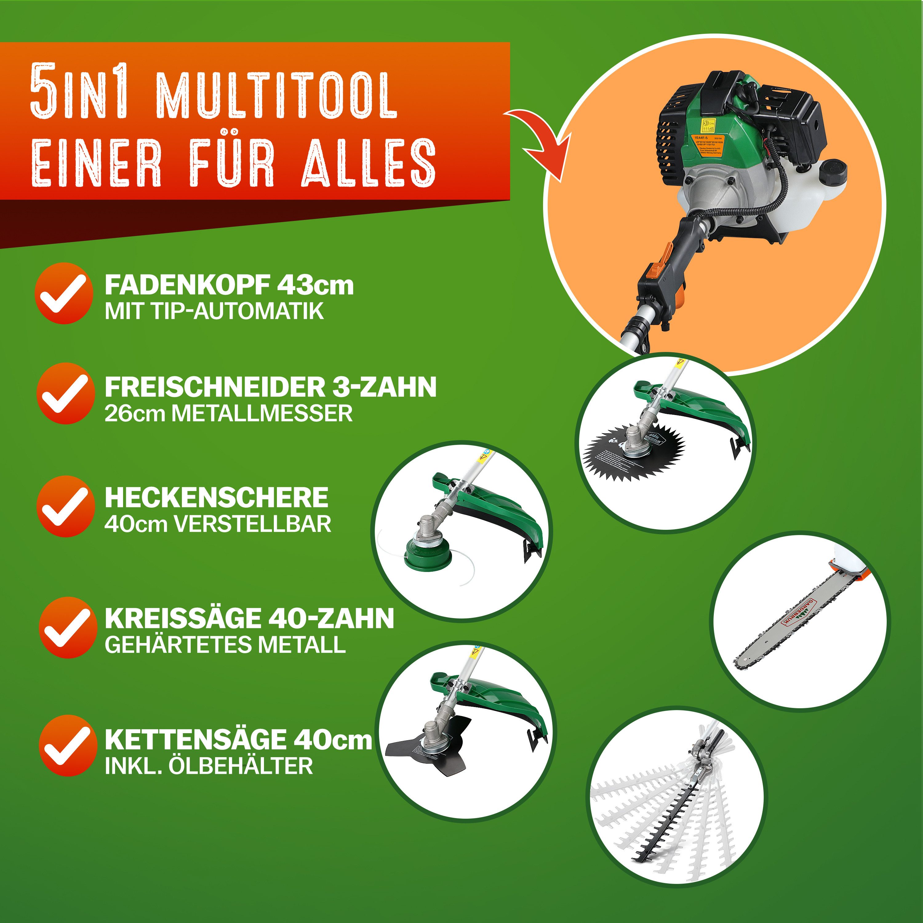 Gardebruk Benzin-Motorsense, GBMT520 2 PS Tragegurt 5 in 1 Multitool 1m Verlängerung Heckenschere