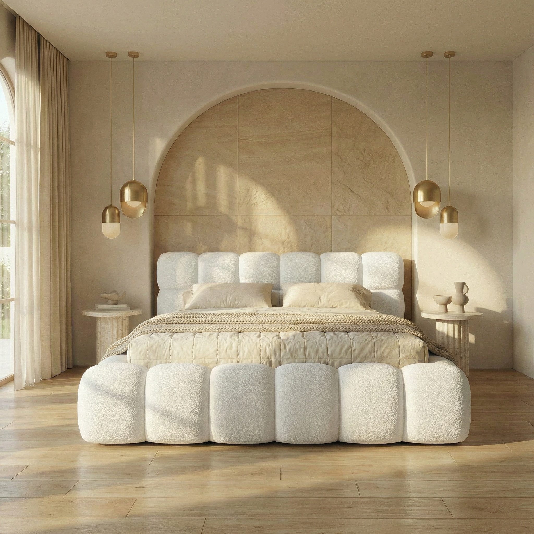 yourhouse24 Polsterbett Boston Slim Bouclé kompaktes Wolkenbett mit Bettkasten, Bubble-Optik & Japandi