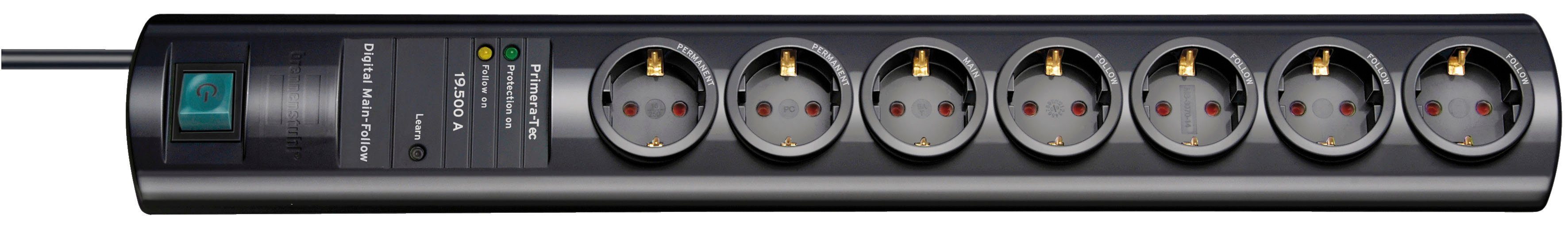 Brennenstuhl Primera-Tec Steckdosenleiste 7-fach (Ein- / Ausschalter, Überspannungsschutz, Kabellänge 2 m), mit Überspannungsschutz 19.500A, Schalter, Main Follow Funktion