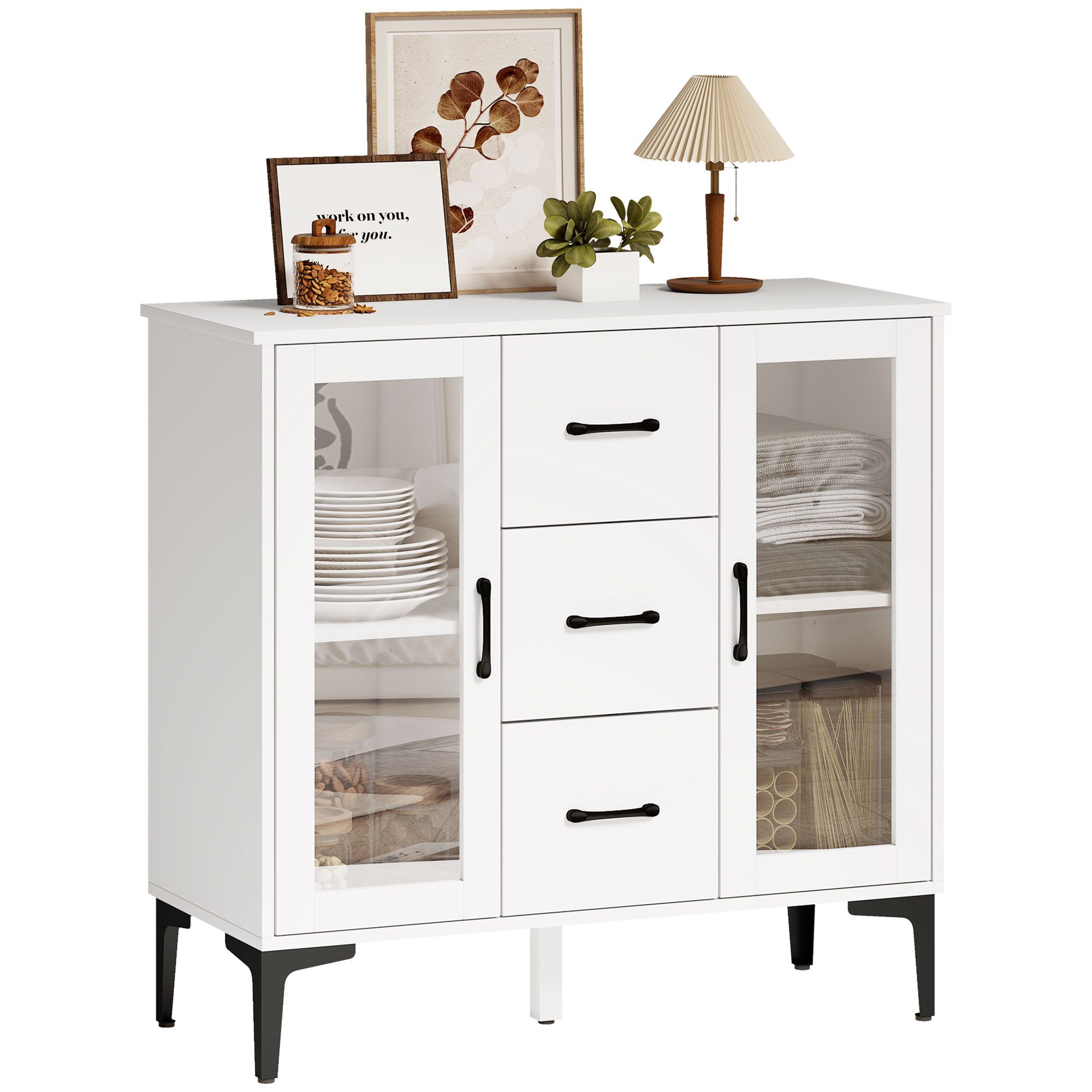 HOMCOM Sideboard mit 3 Schubladen, 2 Glastüren, verstellbaren Regalen (Modern Schubladenschrank, 1 St., Kommode), mit Soft-Close-Scharnieren, für Wohnzimmer Esszimmer Flur, Weiß