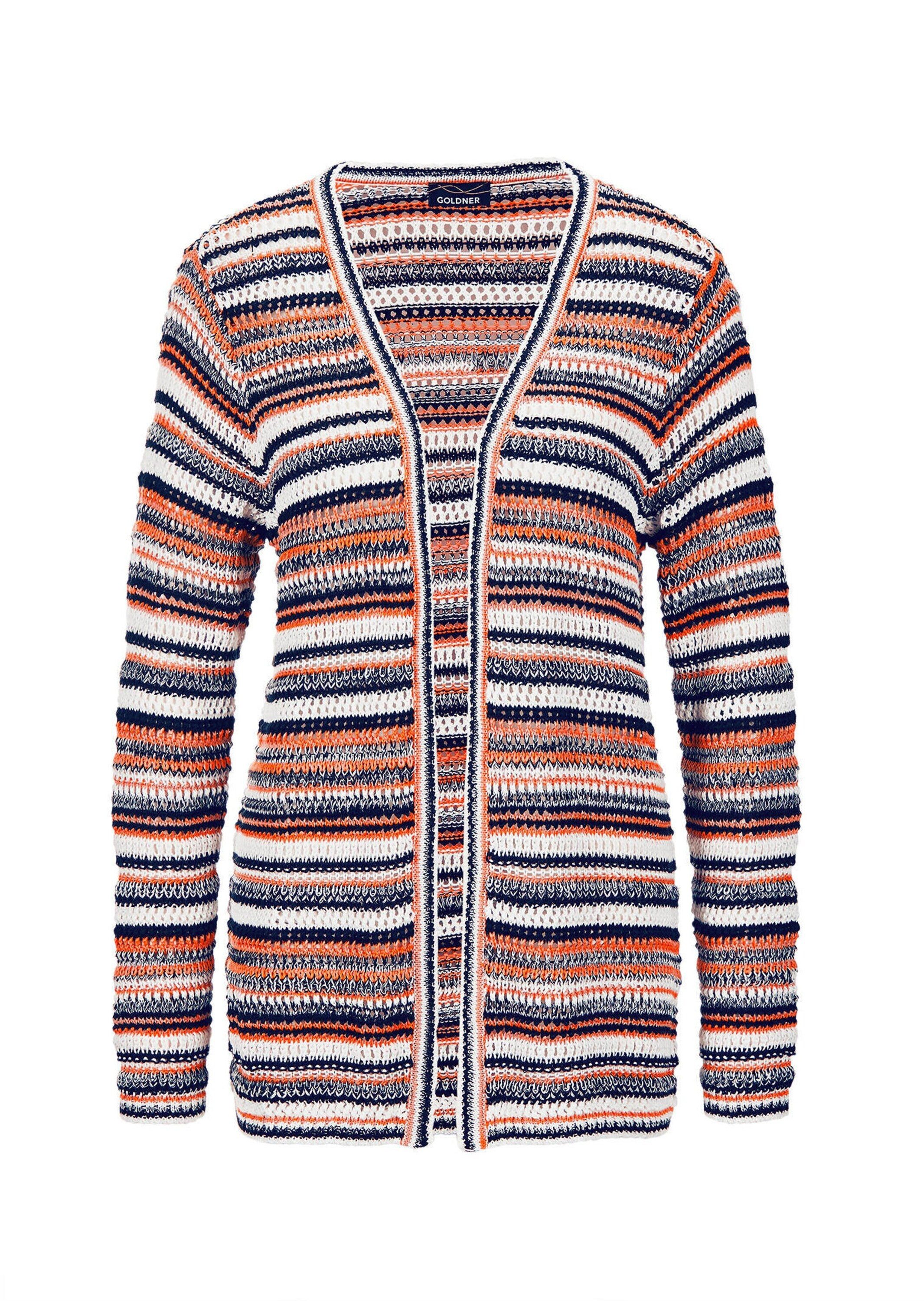 GOLDNER Strickjacke Luftige multicolore Strickjacke Verschlussloser Langarm Cardigan mit Ringel-Lochmuster