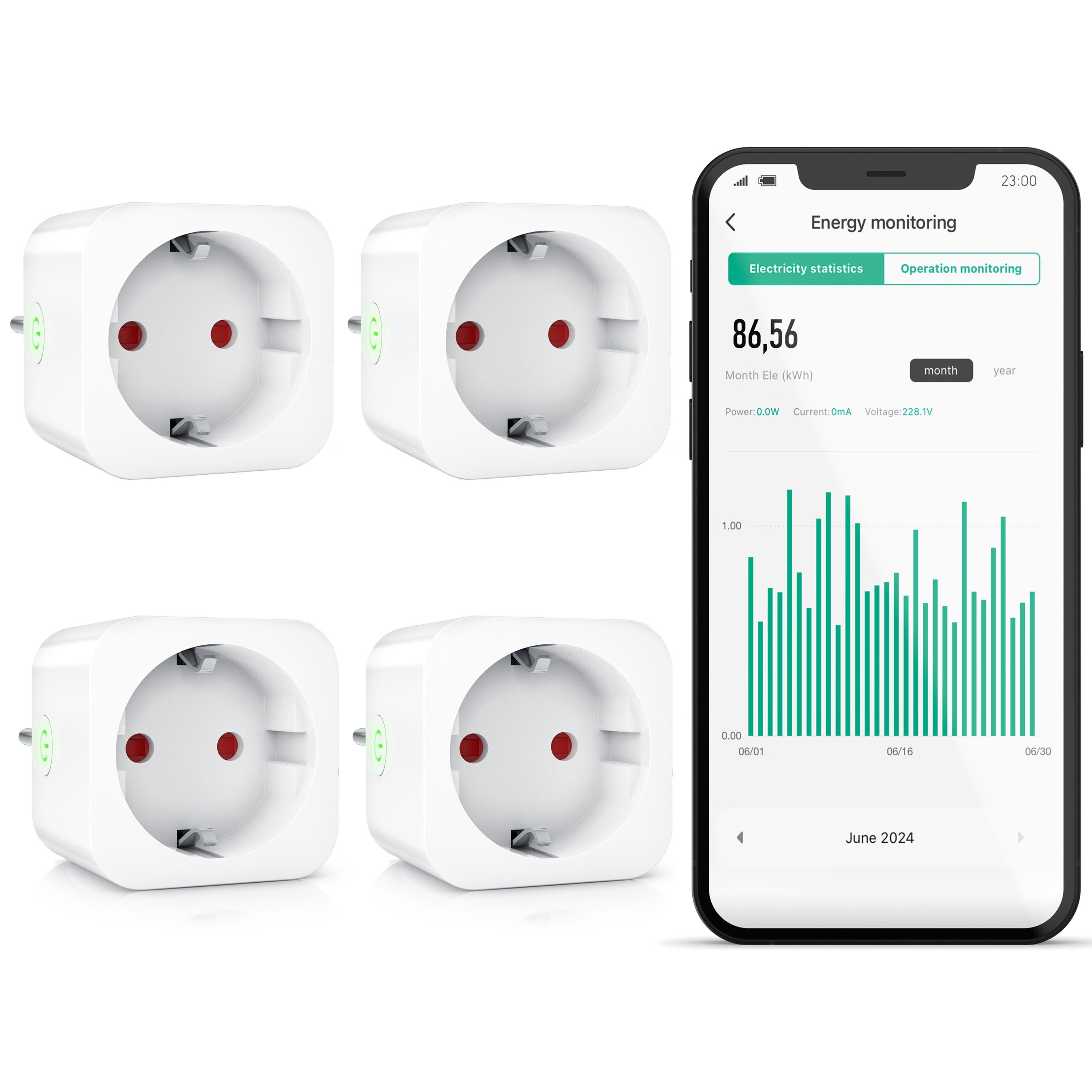 BEARWARE WLAN-Steckdose mit Strommessung, 2,4Ghz WiFi Fernsteuerung per App, Sprachsteuerung, Spar-Set, 4-St., 4er Set, Zeitschaltuhr, Energiekostenmessgerät, Smart life App, Timer