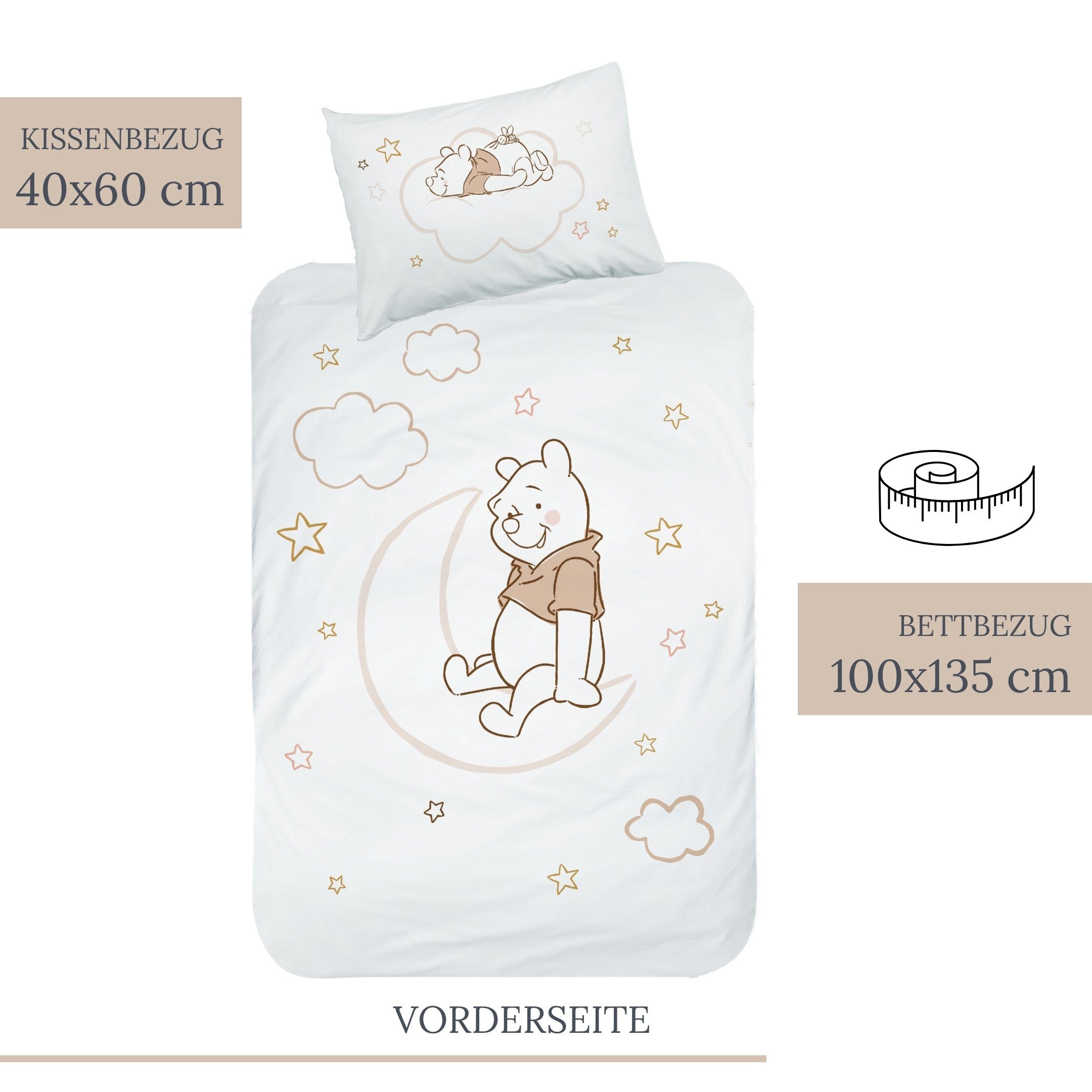 MTOnlinehandel Babybettwäsche Winnie Pooh 100x135 + 40x60 cm, 100 % Baumwolle Biber, Flanell, 2 teilig, Disney's Winnie Pooh, Mond & Sterne für Kinder, Mädchen und Jungen