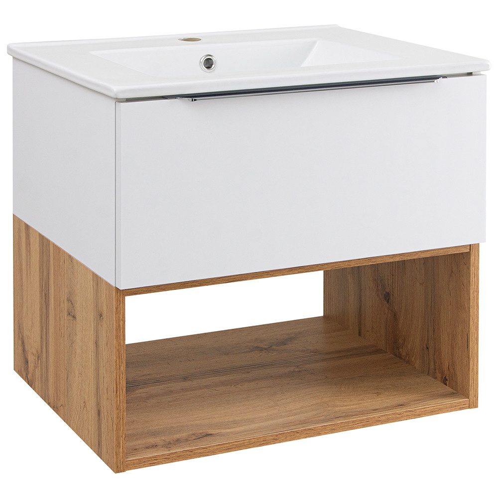 Lomadox Waschtisch NERVI-147, Waschbeckenunterschrank mit Waschbecken 60 cm Hochglanz weiß Eiche