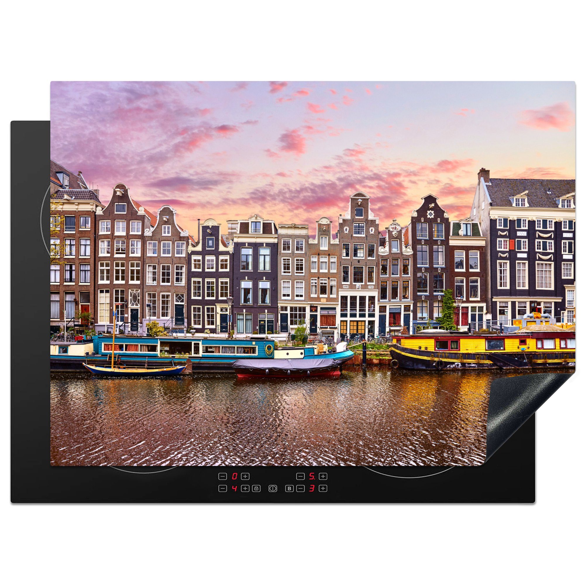 MuchoWow Herdblende-/Abdeckplatte Amsterdam - Häuser - Grachten, Vinyl, (1 tlg), 70x52 cm, Mobile Arbeitsfläche nutzbar, Ceranfeldabdeckung