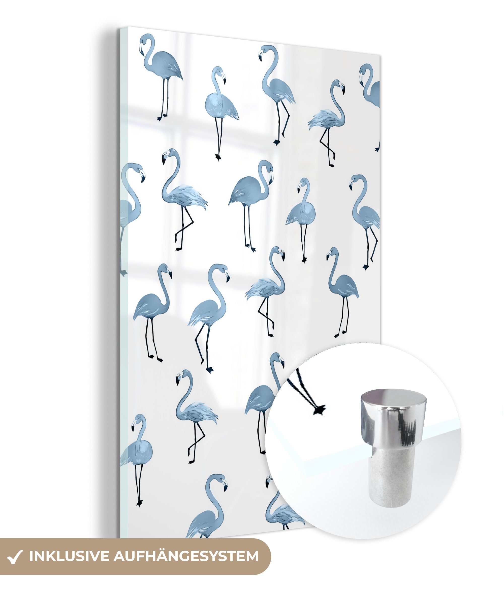 MuchoWow Acrylglasbild Blau - Flamingo - Muster, (1 St), Glasbilder - Bilder auf Glas Wandbild - Foto auf Glas - Wanddekoration bunt | Bilder