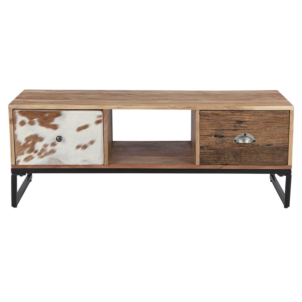 WOMO-DESIGN Lowboard Taipei TV Schrank Fernsehschrank Kommode Konsolentisch Beistelltisch, Wohnzimmertisch mit 2 Schubladen handgefertigt Massivholz Metallbeine