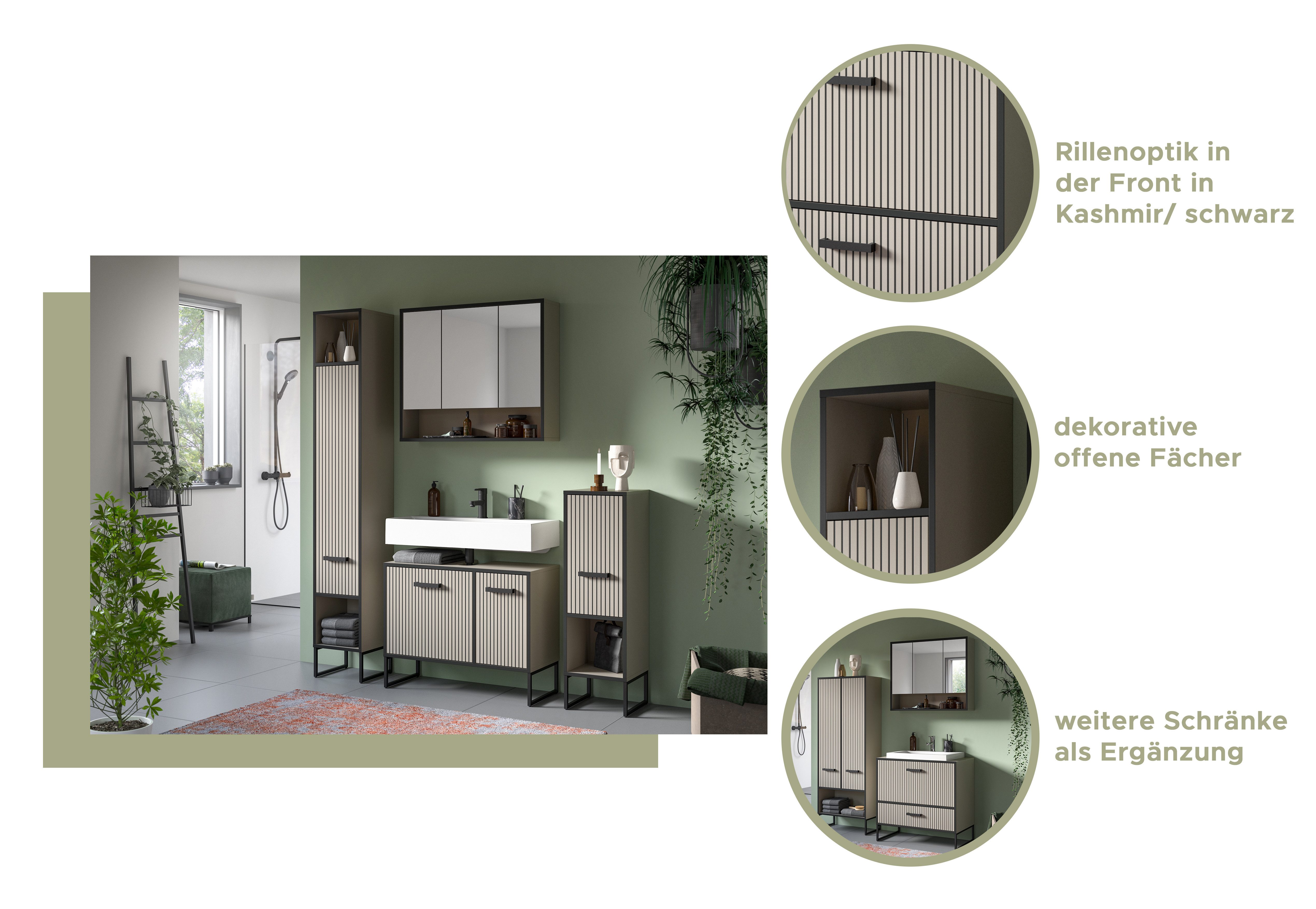 welltime Hochschrank Locri, Höhe 192 cm, Rillenoptik, Metall Kufen (1-St) Türanschlag wechselbar, modernes Design, Badschrank, Bad