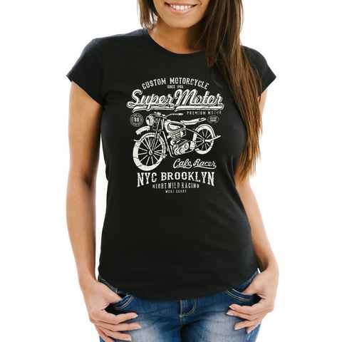 Neverless Print-Shirt Damen T-Shirt Biker Shirt Motorrad Super Motor Retro Vintage Slim Fit Neverless® mit Print