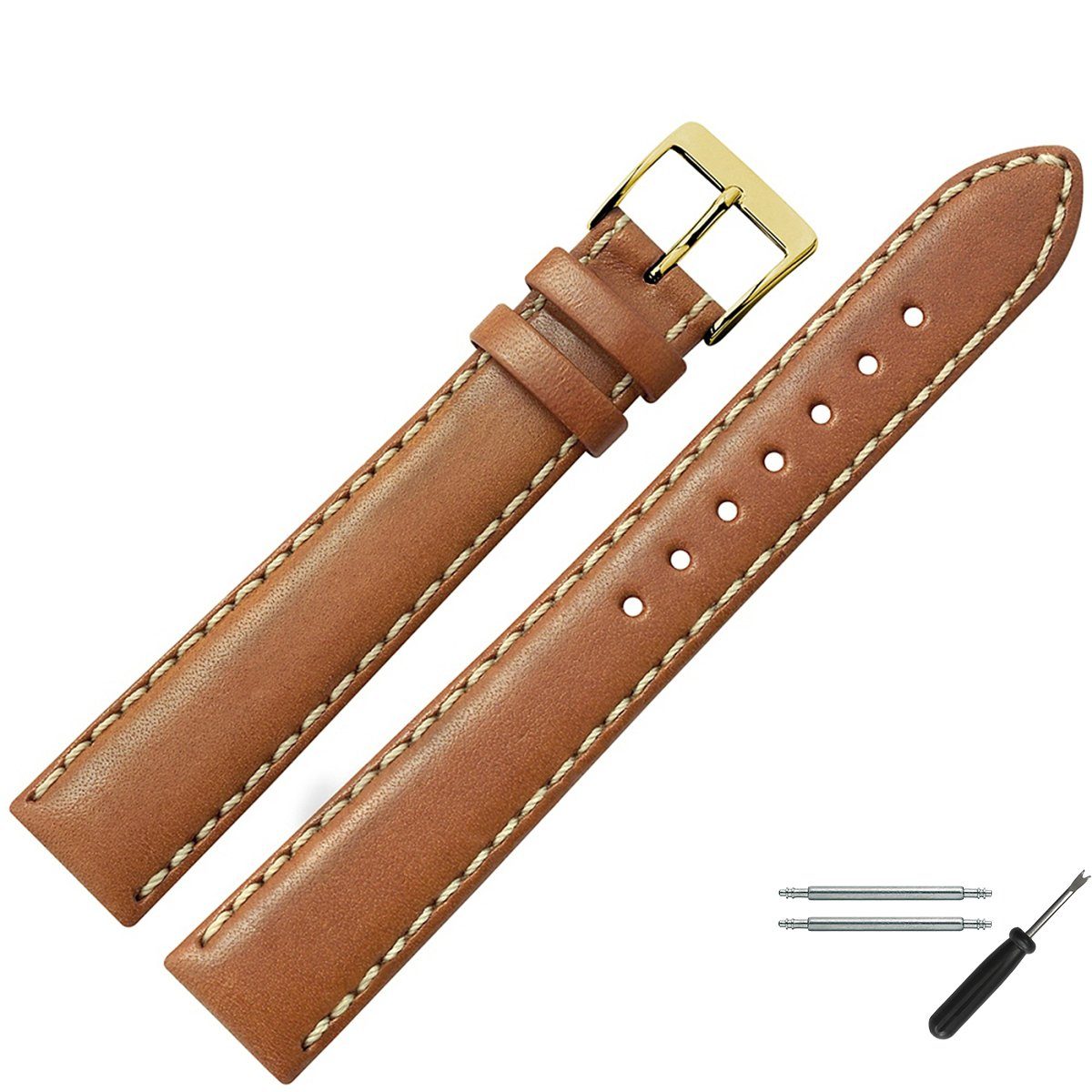 MARBURGER Uhrenarmband 22mm Leder XL extra lang Mittelbraun/Gold