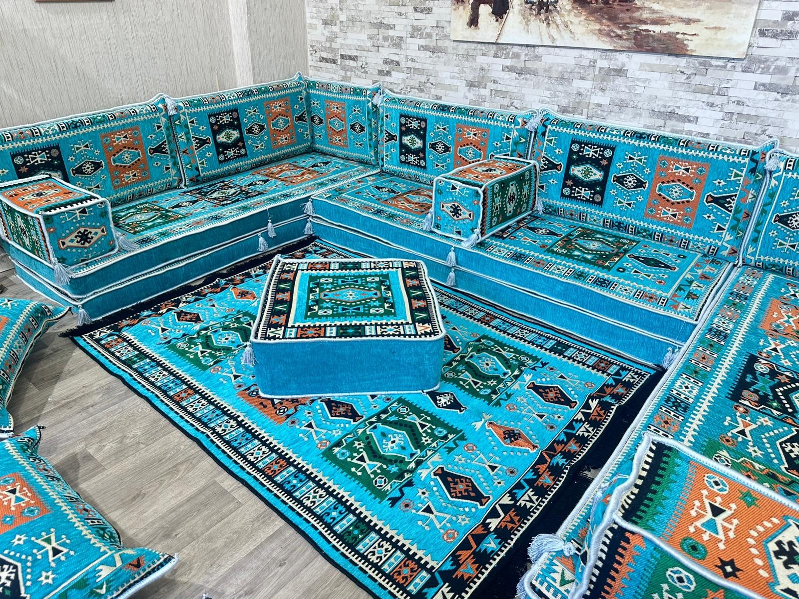 CaddeBuy Sofa Majlis, Orientalisches Sofa, Sitzkissen, Türkis-Milas-U-20, 22 Teile