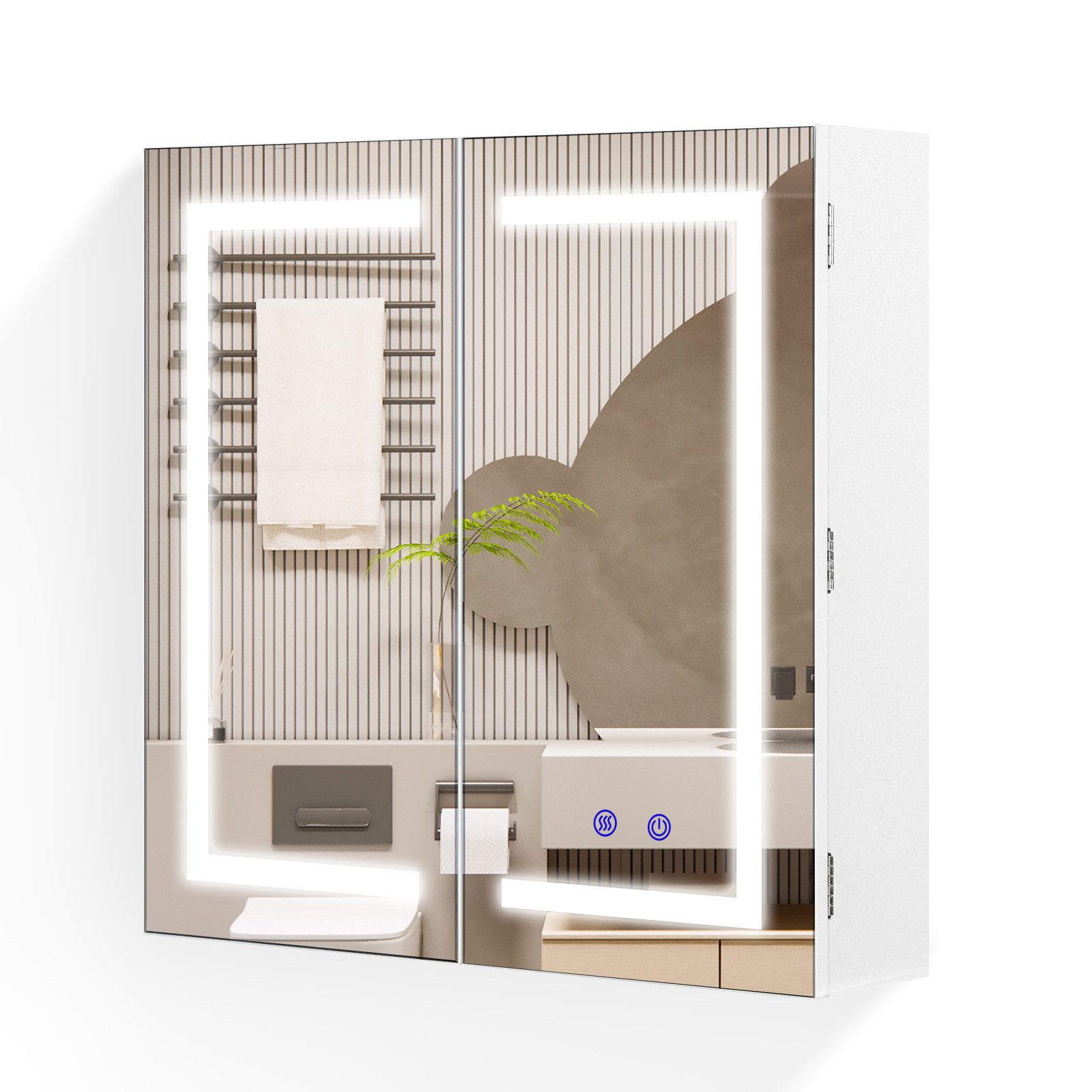 H.yeed Spiegelschrank Bad mit Beleuchtung und Steckdose, Verstellbares Regal, Entfogging-Funktion, Wandmontage
