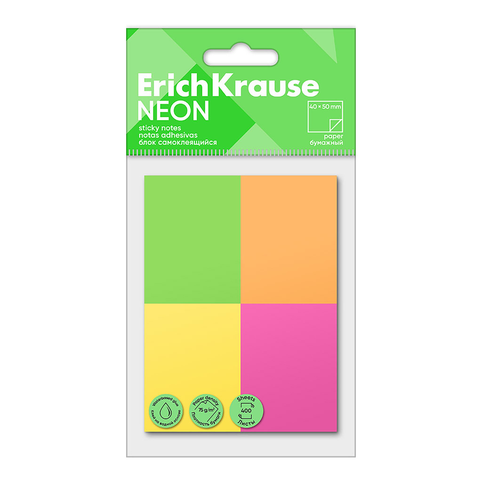 Erich Krause Haftnotizblock, Haftnotizen 40x50mm wiederablösbar 400 Blatt Neon sortiert