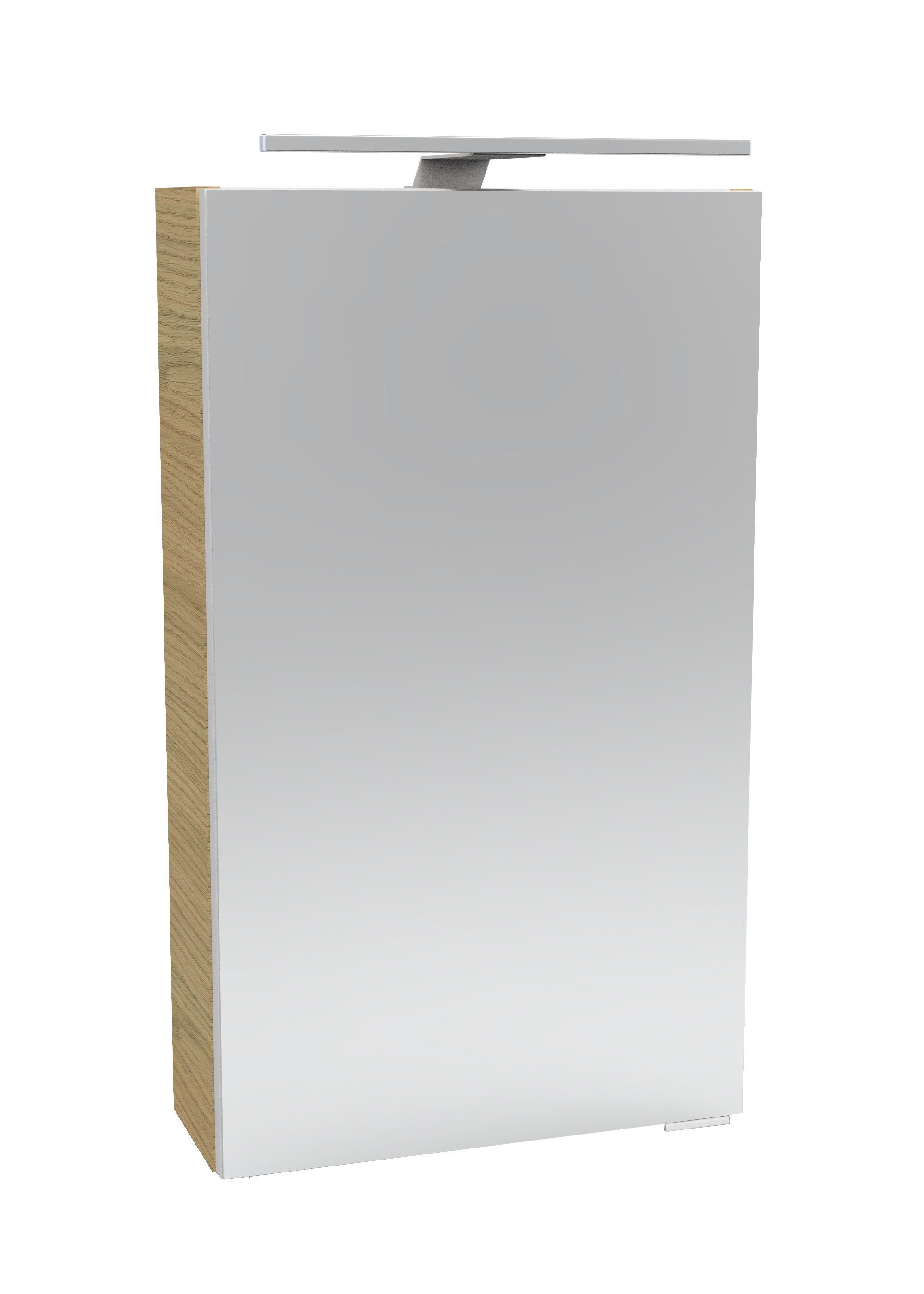 LED-Aufsatzleuchte) Spiegelschrank für Anschlag Sandeiche/Beige/Braun Gästebad, das (Spiegelschrank Sandeiche/Beige/Braun Breite 40cm, und links SBC mit Steckdose, | FACKELMANN Schalter