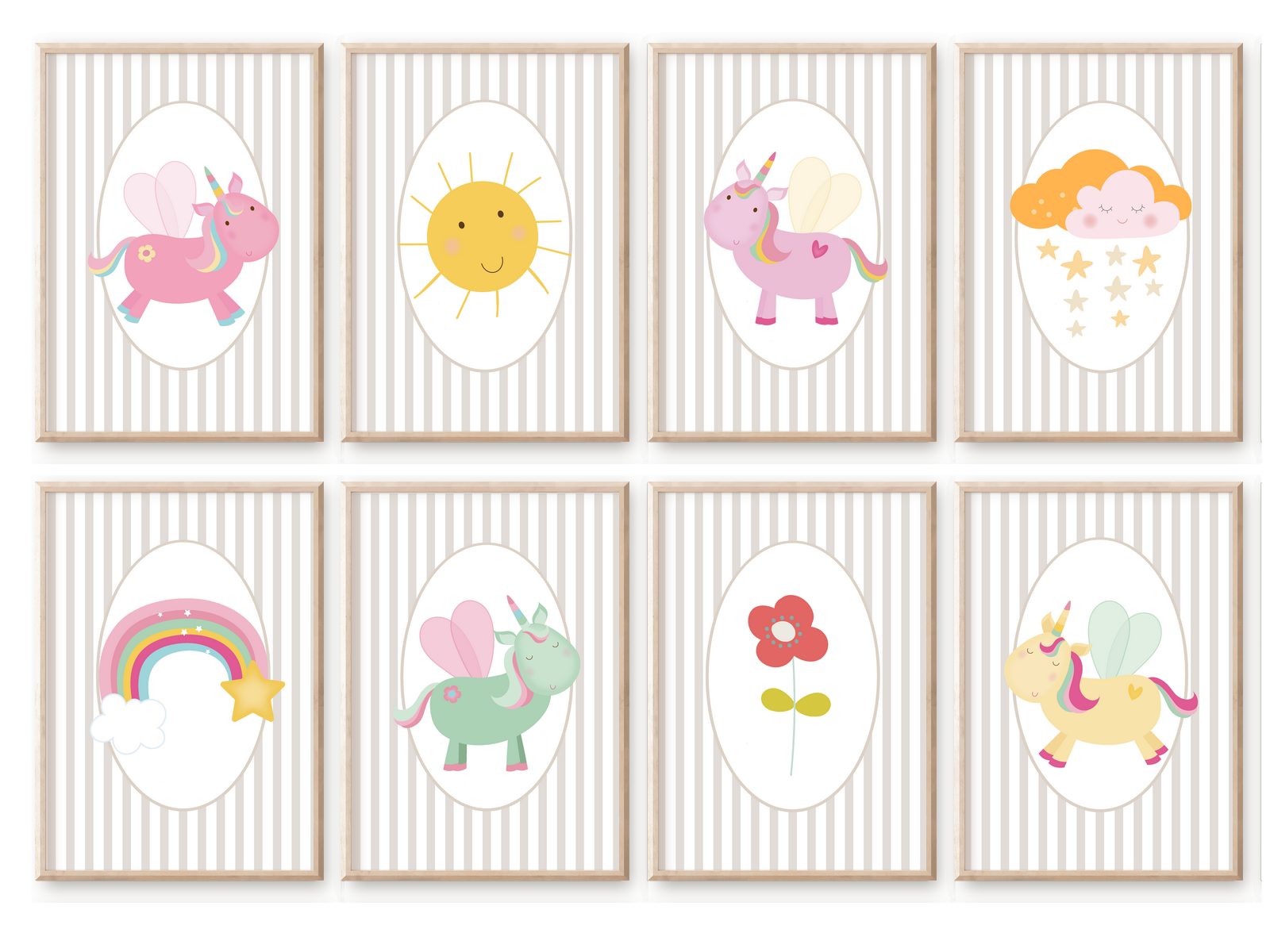 homestyle-accessoires Mehrteilige Bilder Kinderzimmer Bilderwand 8erSet Bilderset Babyzimmer EINHORN, Hochformat, Künstlerpapier, ohne Rahmen