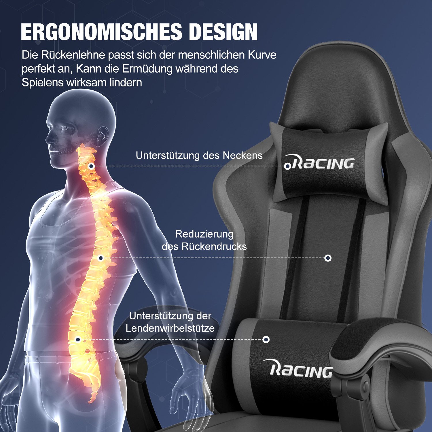 Hiazurm Gaming-Stuhl Gaming Stuhl Chair Gamer Sessel - Ergonomischer Gamer Stuhl (Tragkraft 150 Kg), Gamingstuhl mit Fußstütze Kopfstütze und Lordosenstütz PC Sessel