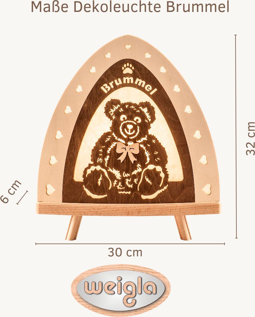 Weigla LED Dekolicht Brummel, Holz, NATUR-BRAUN, Teddybär Lampe, Made in Germany, LED wechselbar, Neutralweiß, Erzgebirge garantiert, Dekolampe für Innen, Dekoleuchte