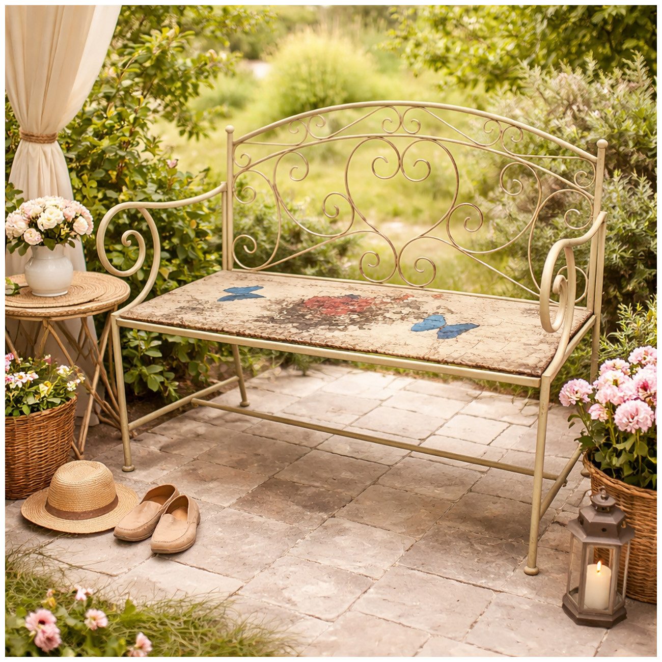HTI-Living Gartenbank Gartenbank Flowers and Plants Metall creme mit Motiv Sitzfläche (1x Gartenbank Flowers and Plants aus Metall)