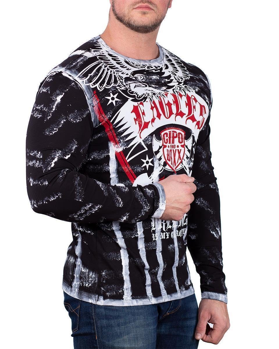 Cipo & Baxx Longsleeve Herren Regular Fit Hemd BA-CL493 Black L mit diversen Prints verziert