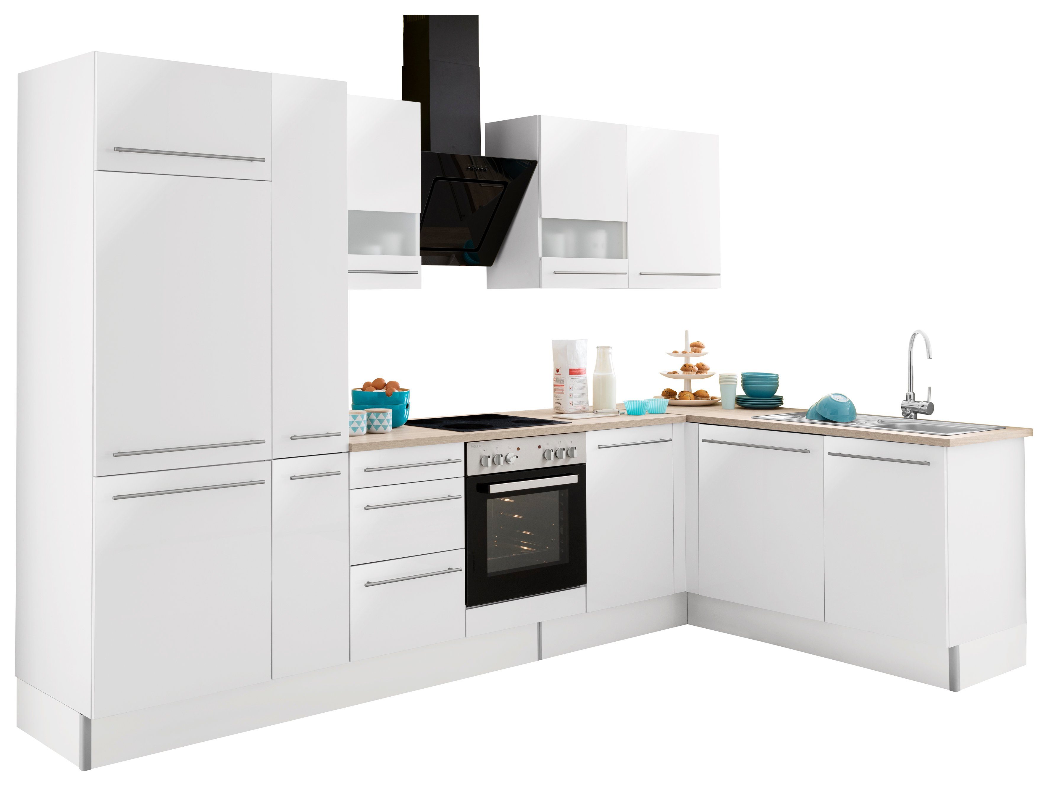 OPTIFIT Winkelküche Bern, mit E-Geräten, Stellbreite 320 x 175 cm, mit höhenverstellbaren Füßen weiß
