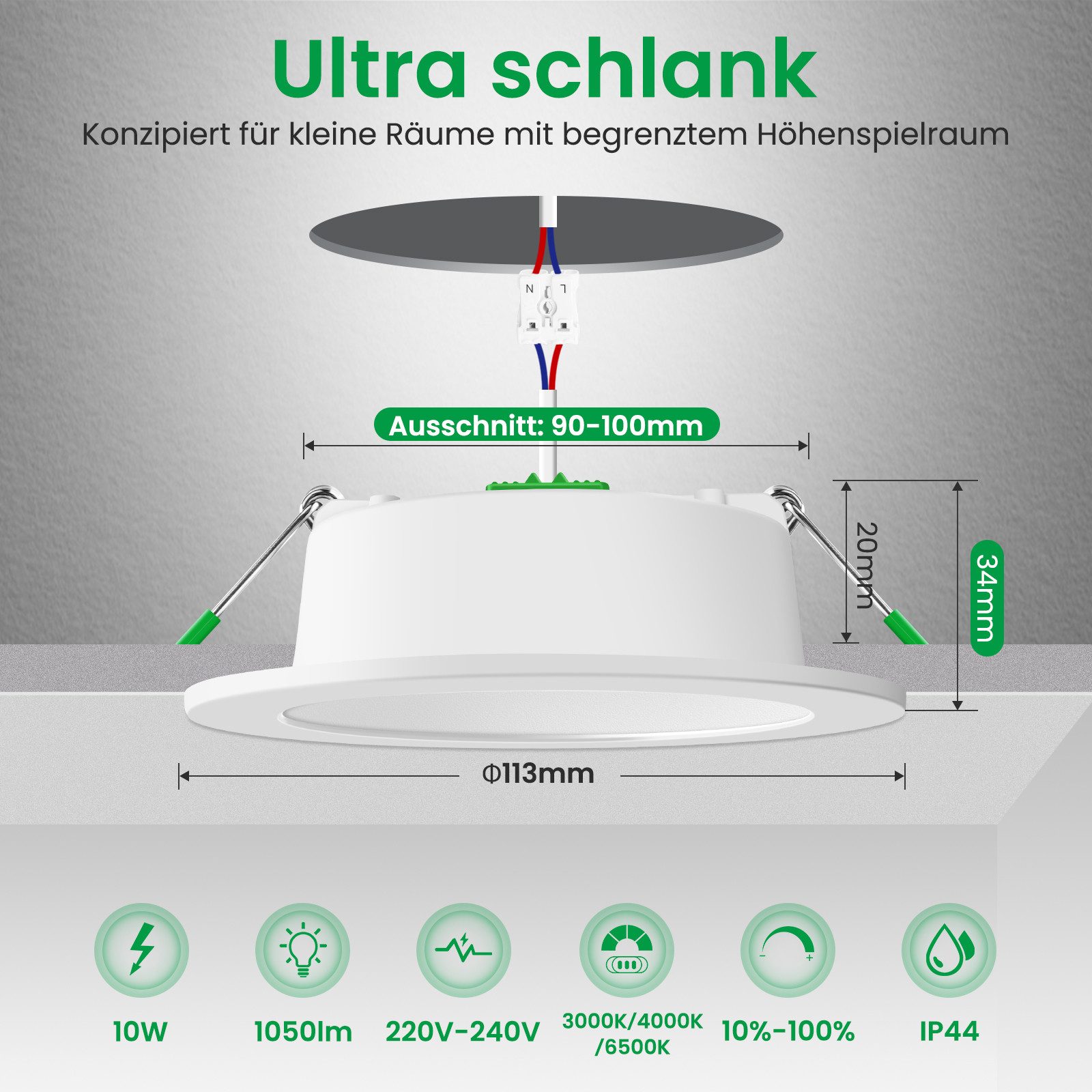 ALUSSO LED Einbauleuchte 6er-Set, Einbau-Spots, 3CCT, IP44, E-Klasse, dimmbar, 10W, 1050lm, Weiß