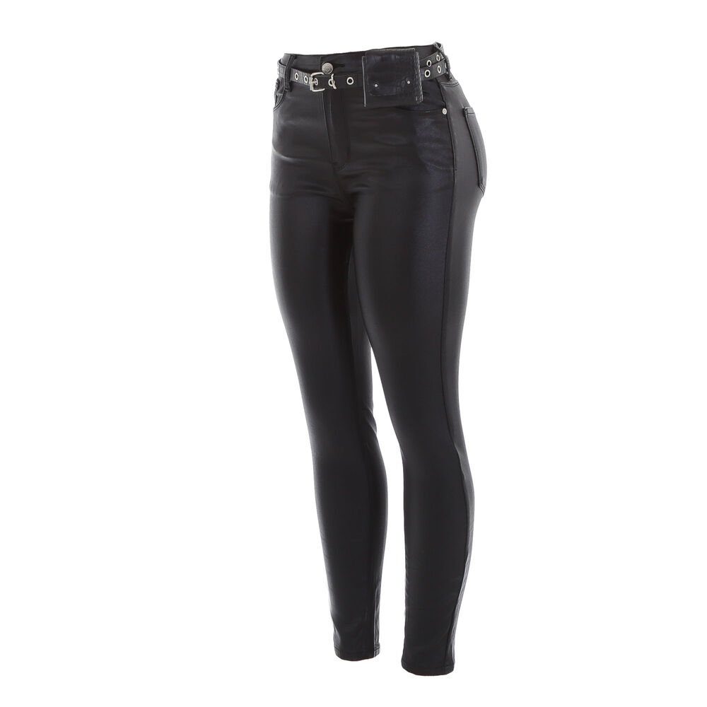 Ital-Design Lederimitathose Damen Freizeit Stretch Hose in Lederoptik in Schwarz