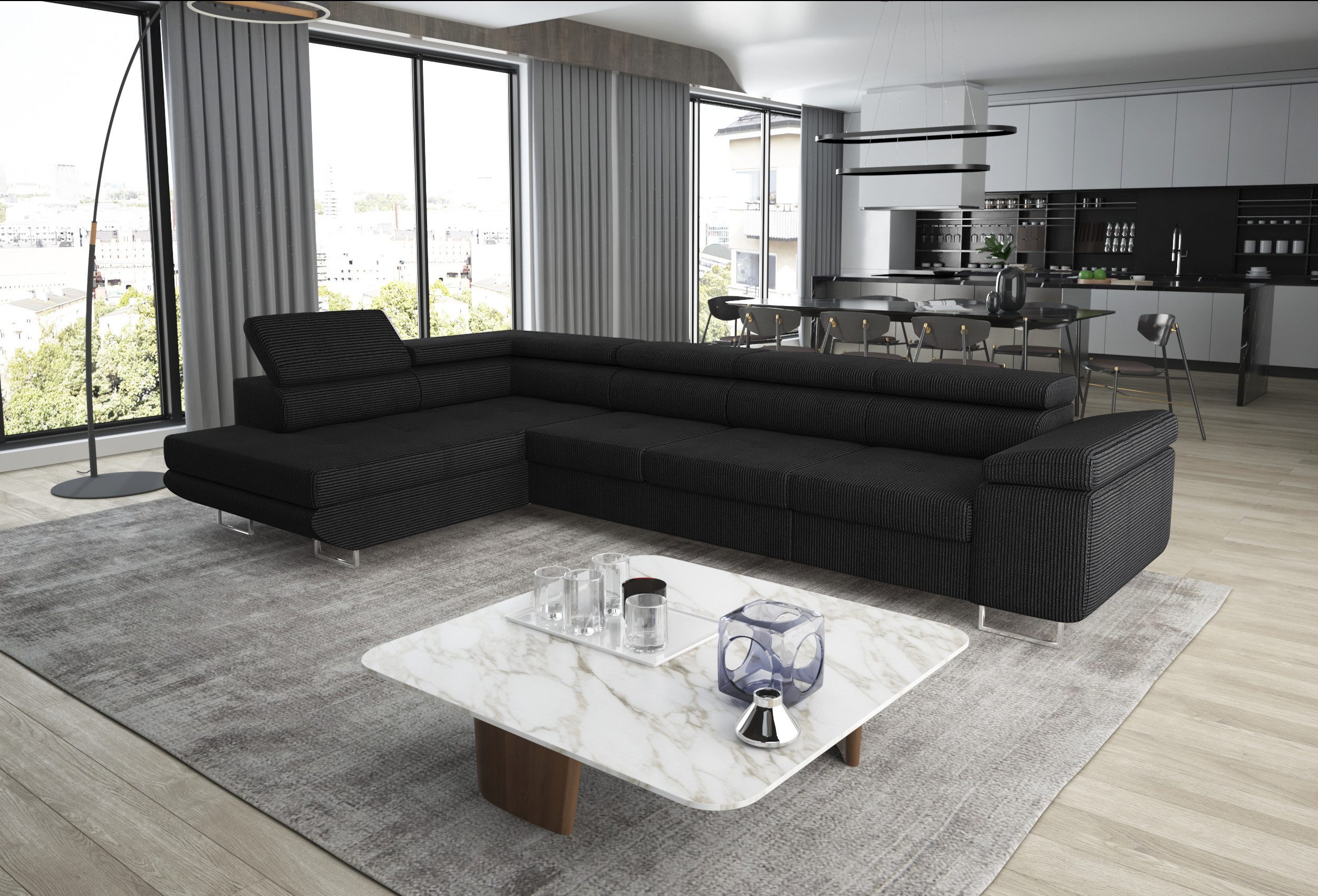 thematys Ecksofa ASTON LONG 355 x 204cm mit Schlaffunktion & Bettkasten – L-Sofa, mit Kopfstützen, Cord (Poso) oder Samt (Monolith), - XXL Wohnlandschaft im modernen Design