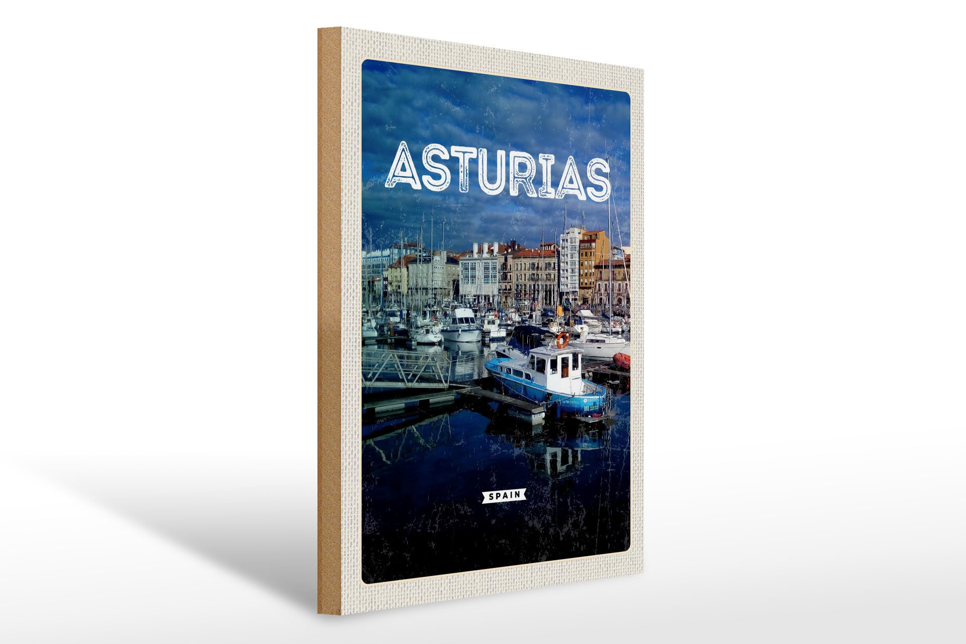 Holzbild Reise 30x40cm Retro Asturias Spyin Spanien Jachten