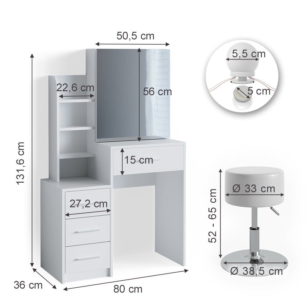 Vicco Schminktisch Conrada, Weiß, 80 cm mit LED Beleuchtung und Hocker (2-St)