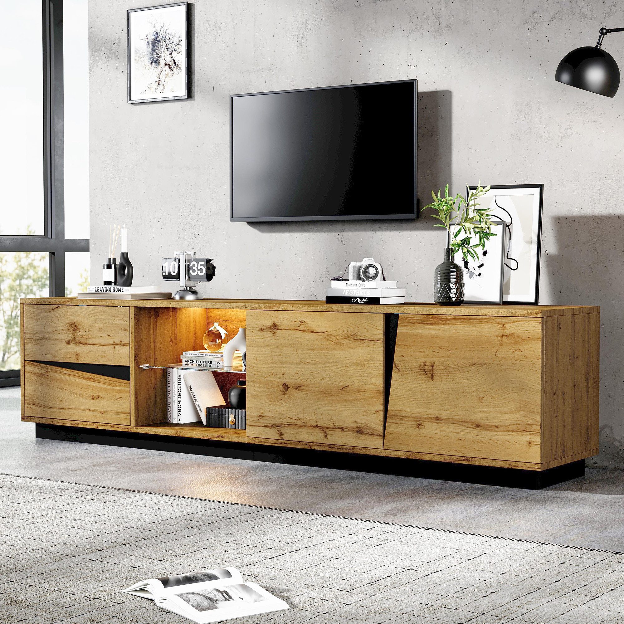 Merax Lowboard mit LED-Beleuchtung inkl.APP, 180x35x45 cm (TV-Möbel in Holzoptik, Fernsehschrank mit Kabeldurchführung, 1 St), TV-Schrank …