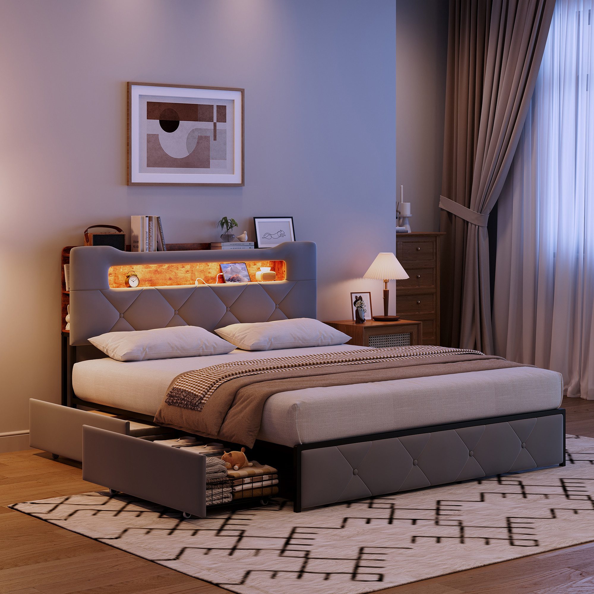 Simurq Polsterbett 140 x 200 mit LED und Stauraum Doppelbett mit 4 Schubladen (Jugendbett mit Ladestation, 2 USB- & 1 Typ-C, Samt, Keine Matratze), Stauraumbett mit Lattenrost, Doppelbett Schlafzimmer mit Kopfteil