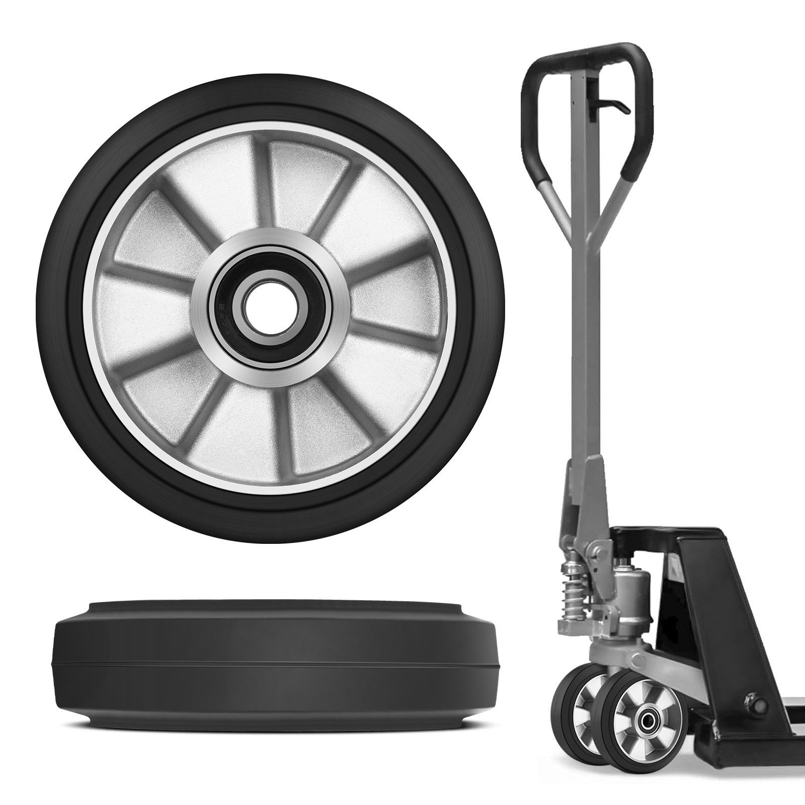 XERSEK Hubwagen 2 Stück Hubwagenrollen mit Kugellager 50x200mm Max.1500KG für Hubwagen, Achse 20 mm Laufrollen mit Geschmiedeter Aluminium-Radnabe Gummi-Rad