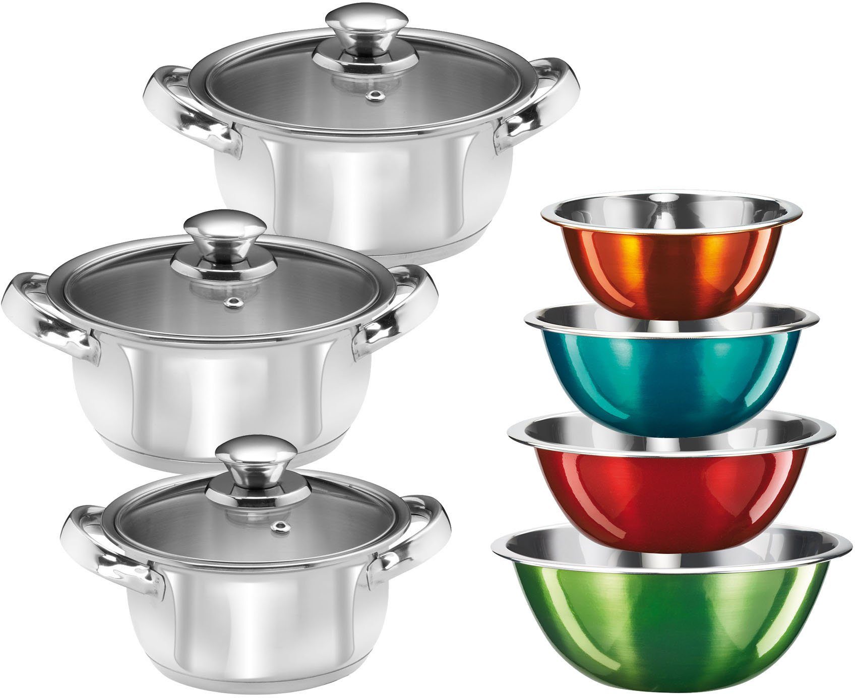 KING Topf-Set EDELSTAHL, Edelstahl (Set, 10-tlg., 3 Töpfe Ø 16/18/20 cm inkl. Glasdeckel, 4 Schüsseln), Induktion