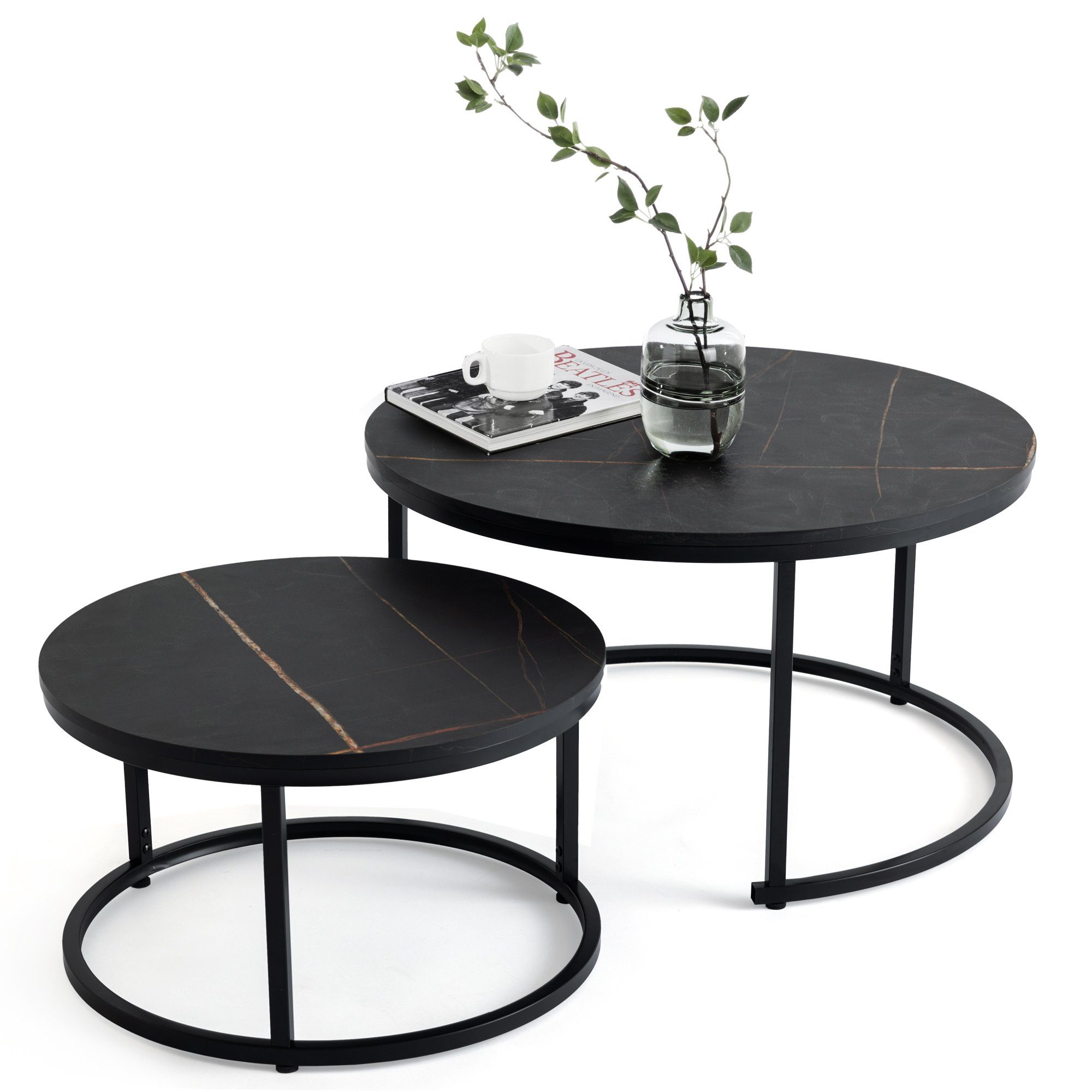 Couchtisch rund, Satztische 2 St., Marmormuster, Sintergestein, modernes Design