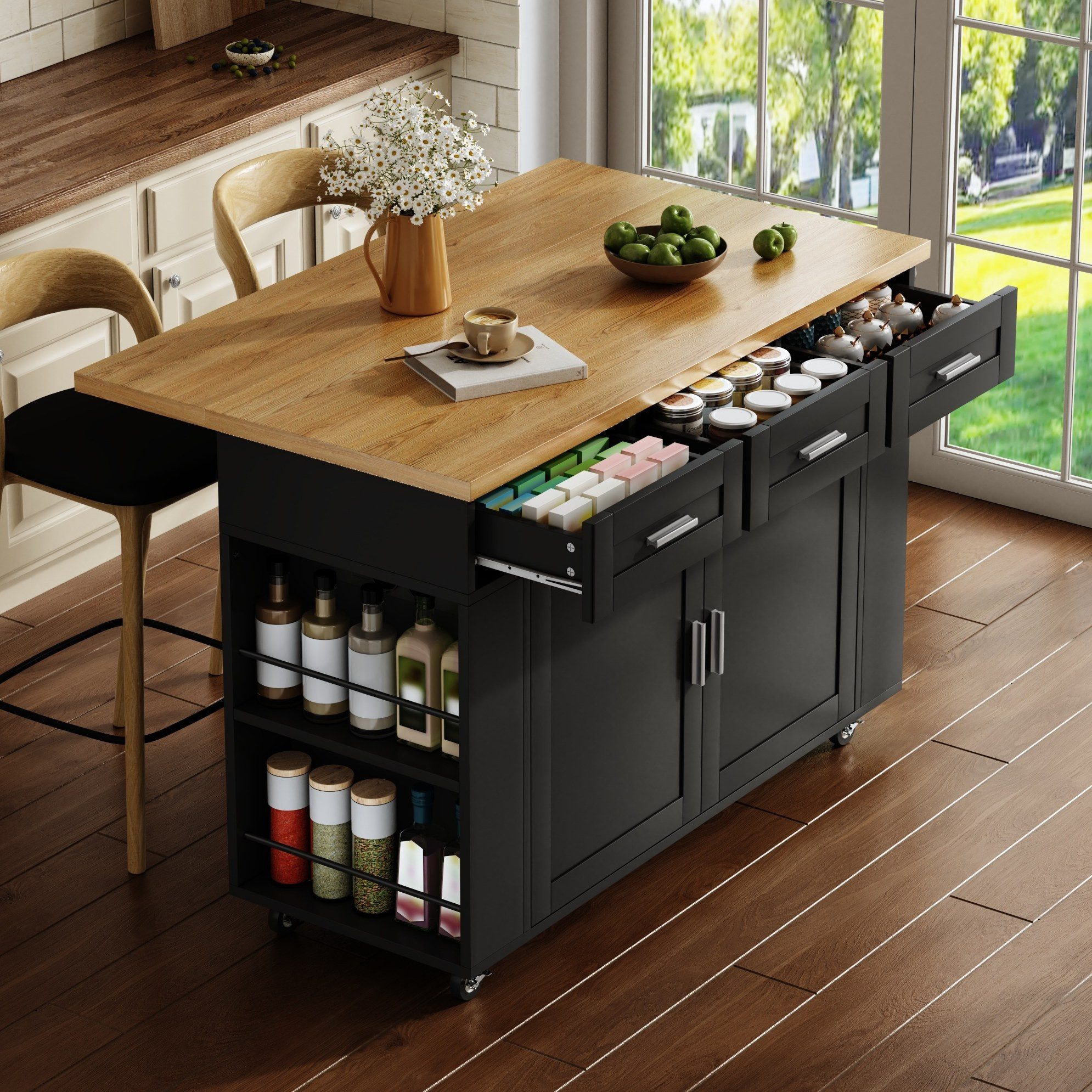 OKWISH Kücheninsel 120×45(70)×84 cm Küchenwagen mit klappbarer Arbeitsplatte, (Buffetschrank mit Rollen Steckdosen und Schrank Organizer), Stauraumschrank mit Müllschrank und Schublade für Küche
