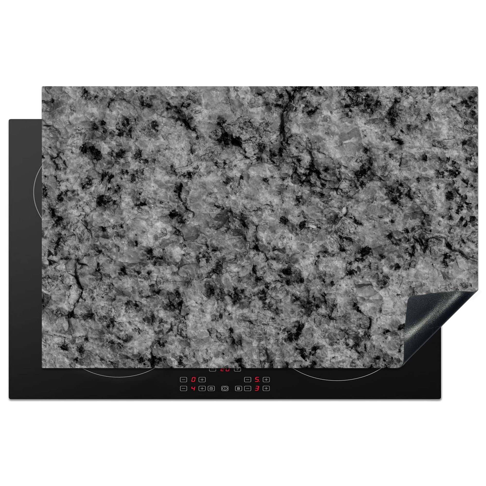 MuchoWow Herdblende-/Abdeckplatte Granit - Stein - Schwarz - Weiß, Vinyl, (1 tlg), 81x52 cm, Induktionskochfeld Schutz für die küche, Ceranfeldabdeckung