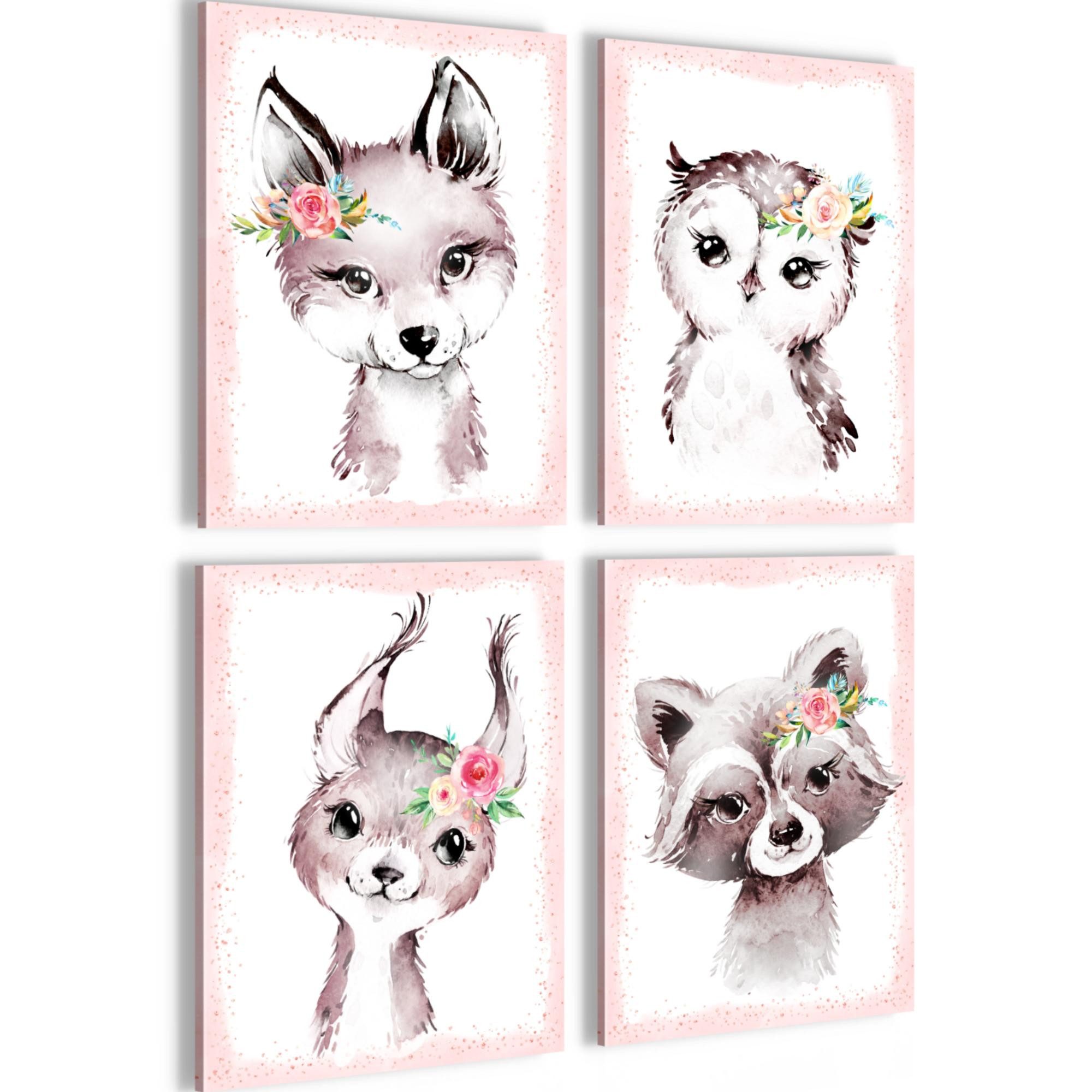 Novart Wandbild Bilder Waldtiere AUFHÄNGFERTIG Kinderzimmer Mädchen N017147b, 30 x 40 cm - 4 Bilder