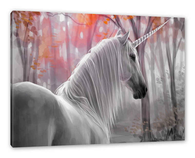 Pixxprint Leinwandbild Einsames Einhorn im Wald, Einsames Einhorn im Wald (1 St), Leinwandbild fertig bespannt, inkl. Zackenaufhänger