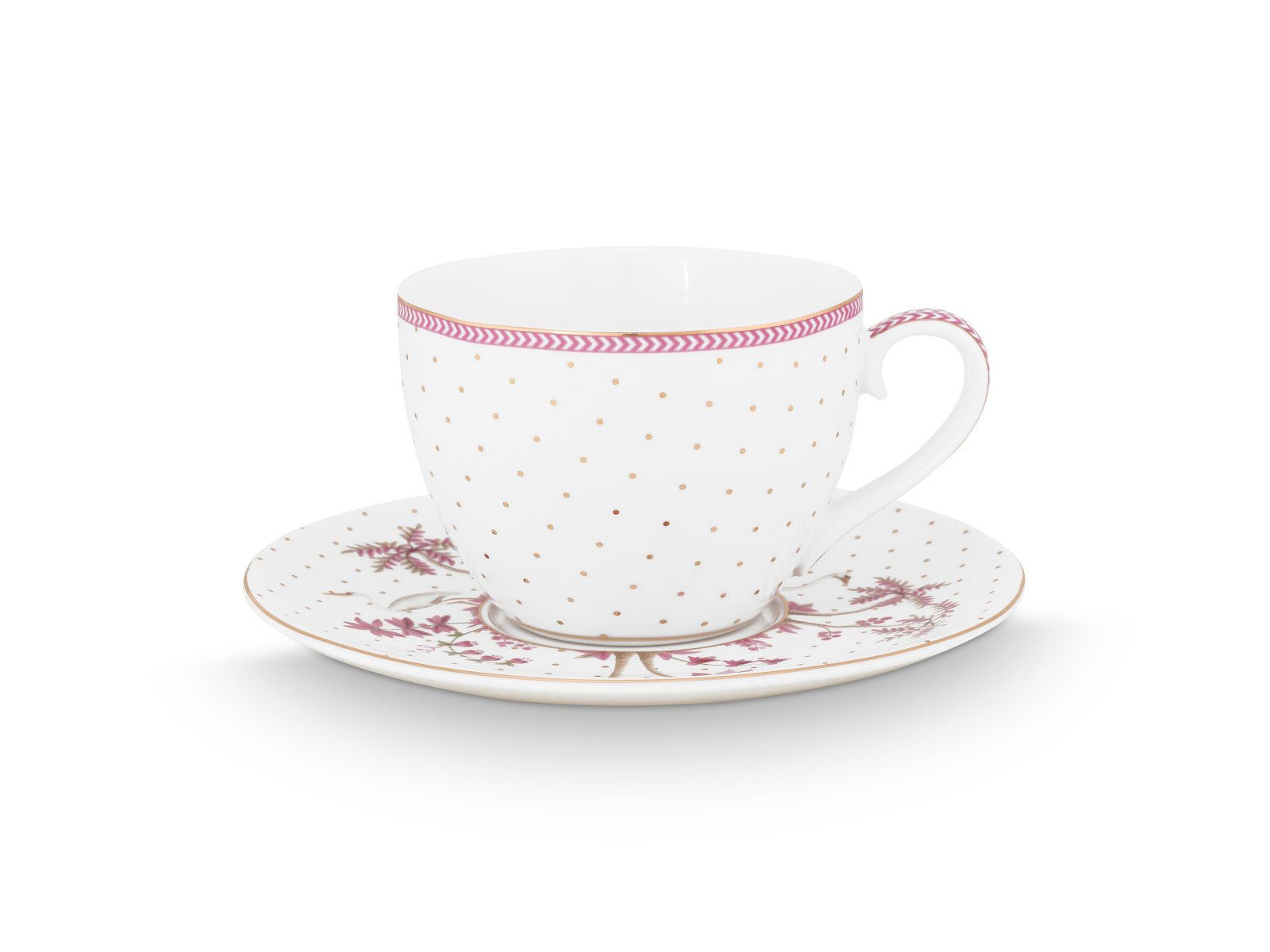 PiP Studio Tasse Jolie Dots Gold Pink Tasse mit Untertasse 280ml, Porzellan