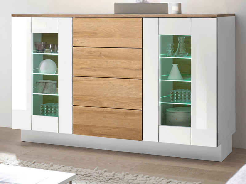 Furn.Design Sideboard Savanna (Kommode in weiß Hochglanz und Eiche hell, 136 x 85 cm), mit Push-to-Open Funktion