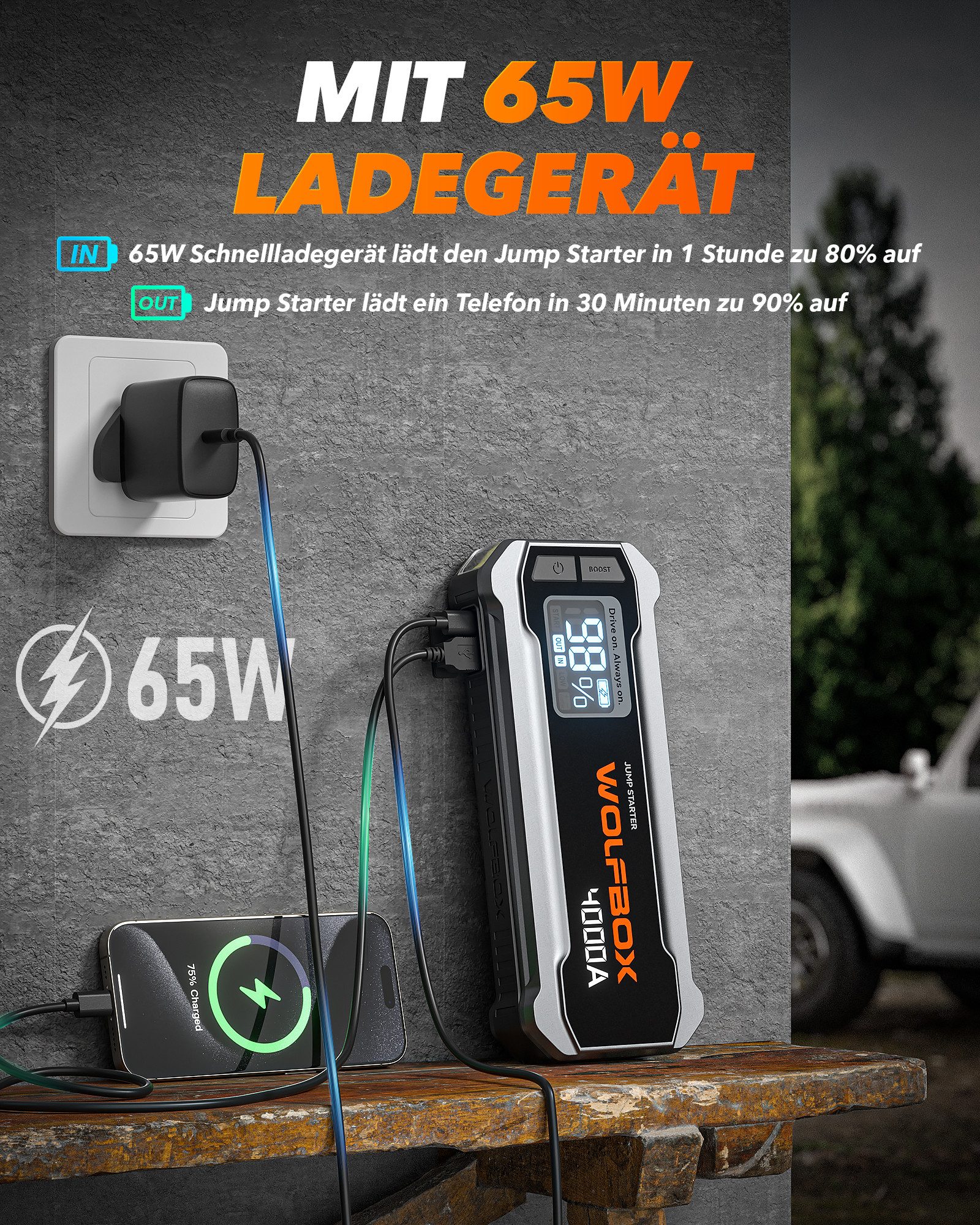 WOLFBOX 12V 3000A Starthilfe (unterstützt bis zu 8L Benzin oder 6L Diesel) Starthilfegerät (12 V, 1 St), mit Booster und LED-Taschenlampe