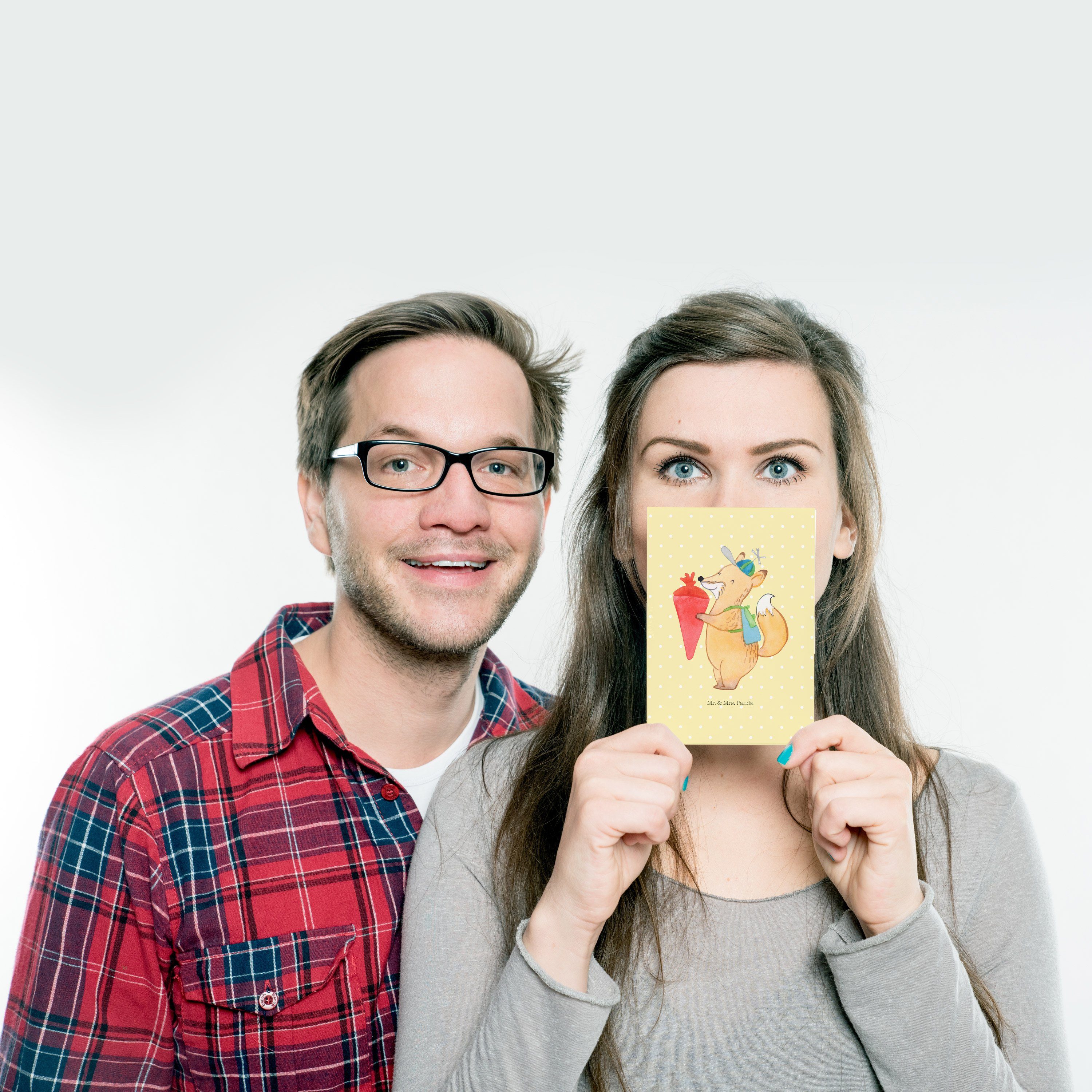 Mr. Postkarte Grußkarte, Schulkind Mrs. & Fuchs Panda Geschenk, Gelb Ansichtskarte Pastell - -