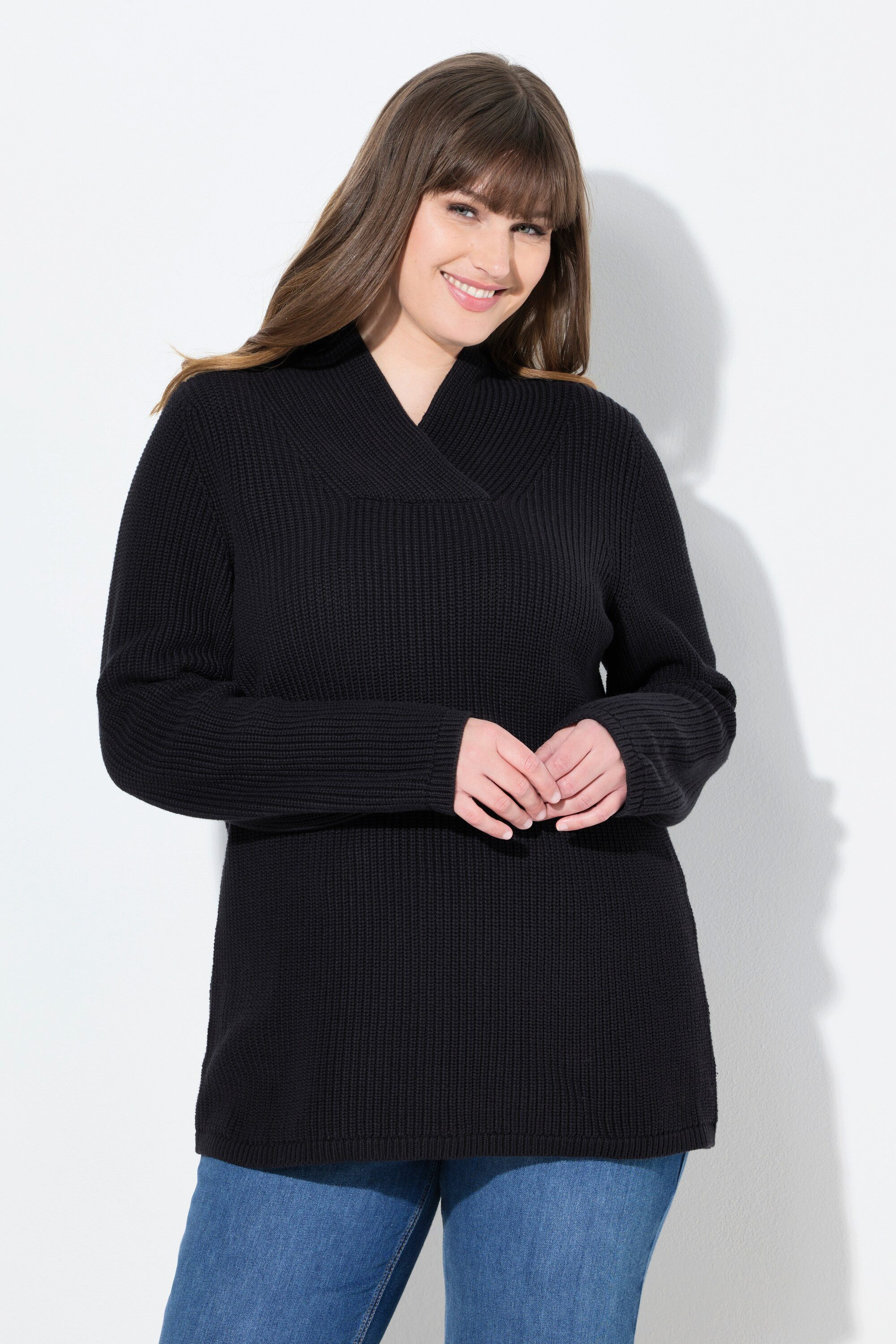Ulla Popken Strickpullover Pullover Schalkragen Langarm Biobaumwolle günstig online kaufen