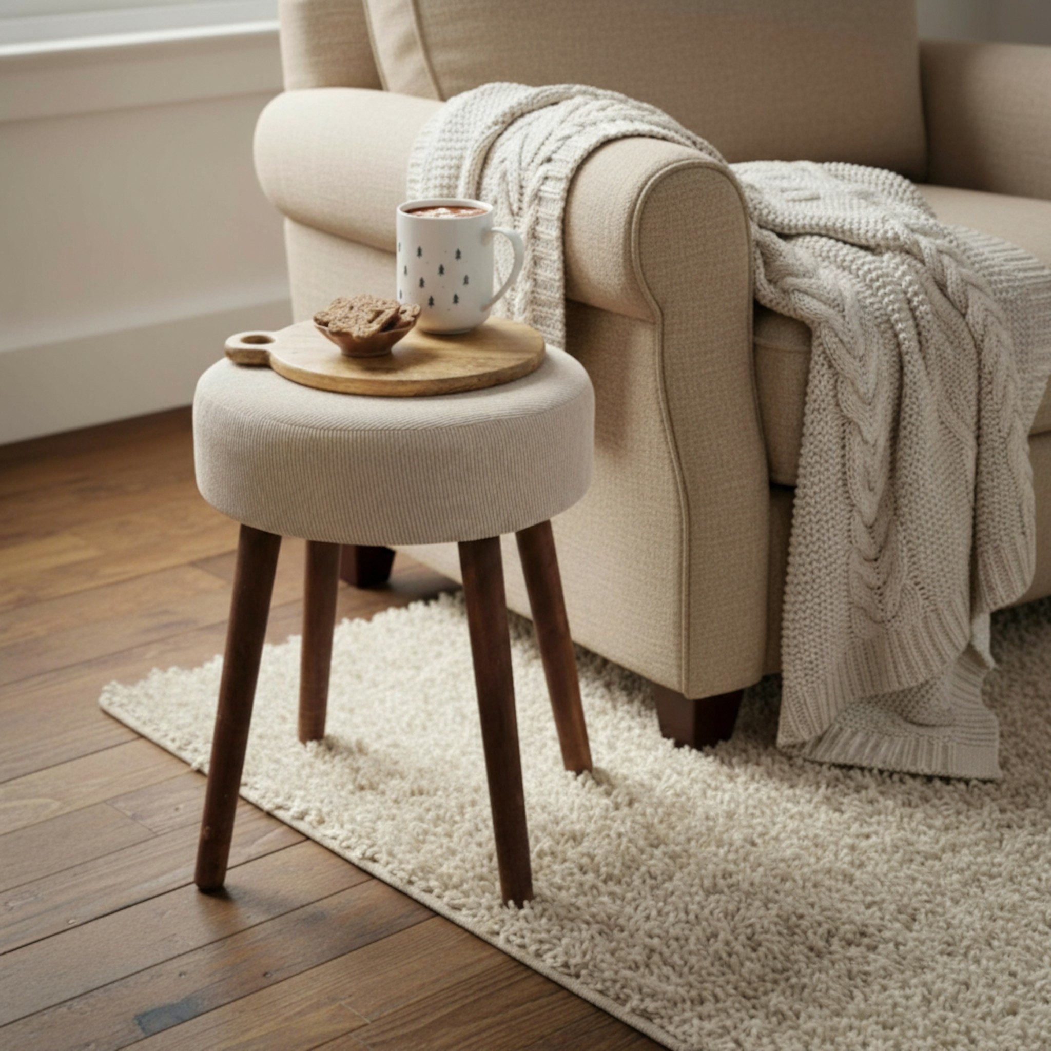 Meinposten Polsterhocker Hocker Fußhocker Cord Holzbeine Sitzhocker rund beige 35x45 cm (1 St) – Bild 5 von 5