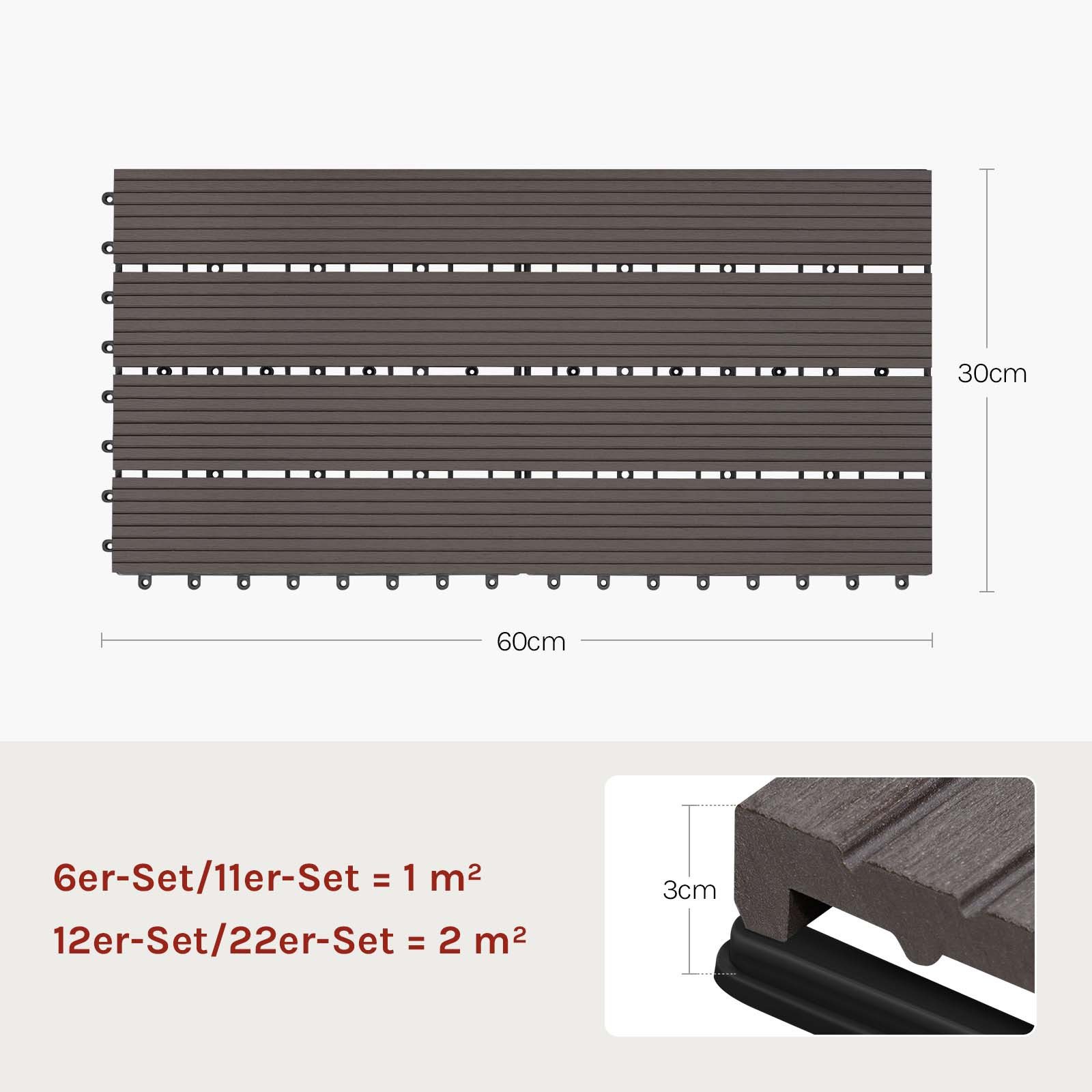 Woltu WPC-Fliesen, 12 St., Terrassendielen Holz-Optik 30x60cm mit klicksystem